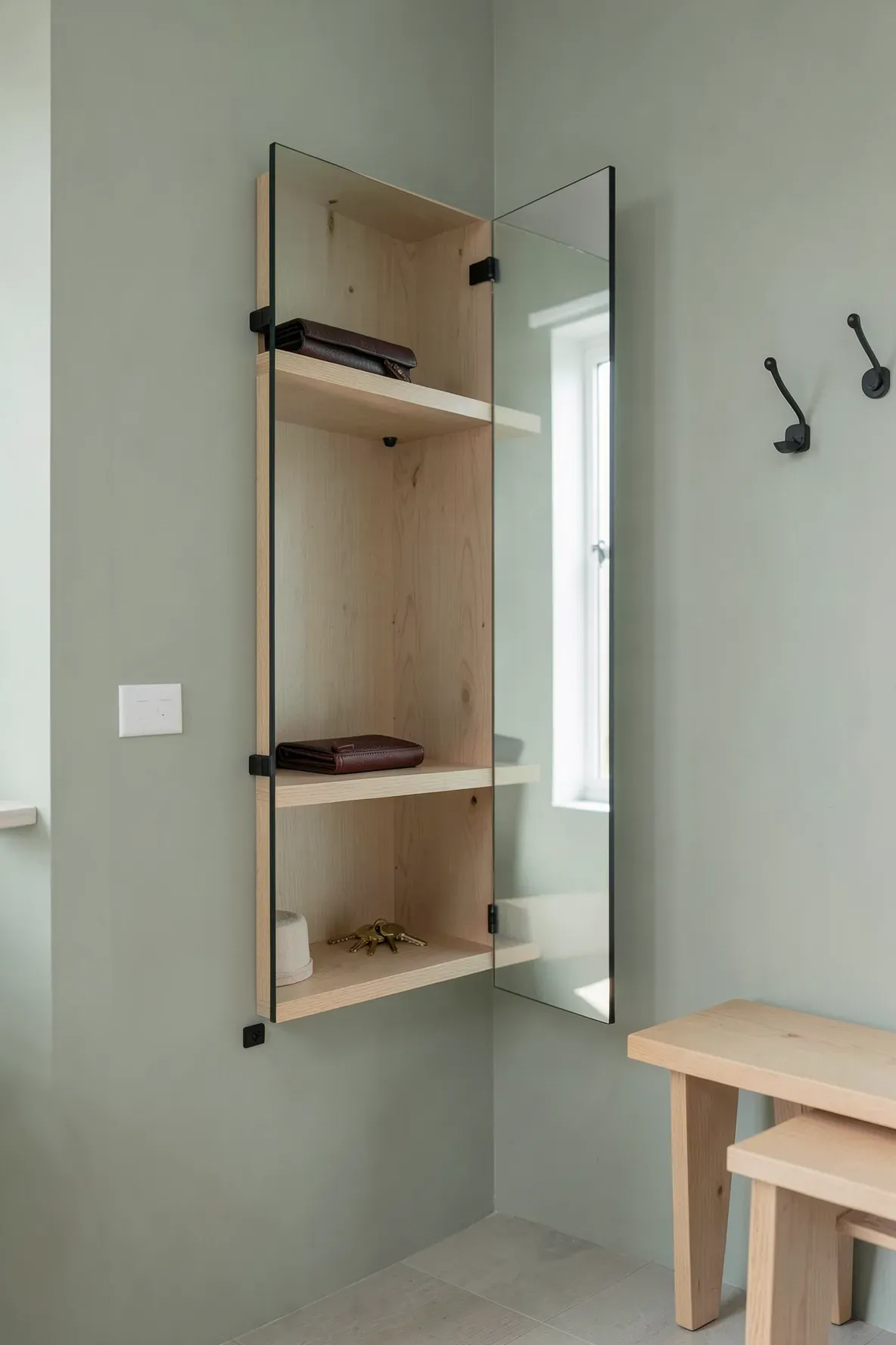 A full-length mirror pulled slightly away from the wall to reveal hidden storage shelves behind it.
