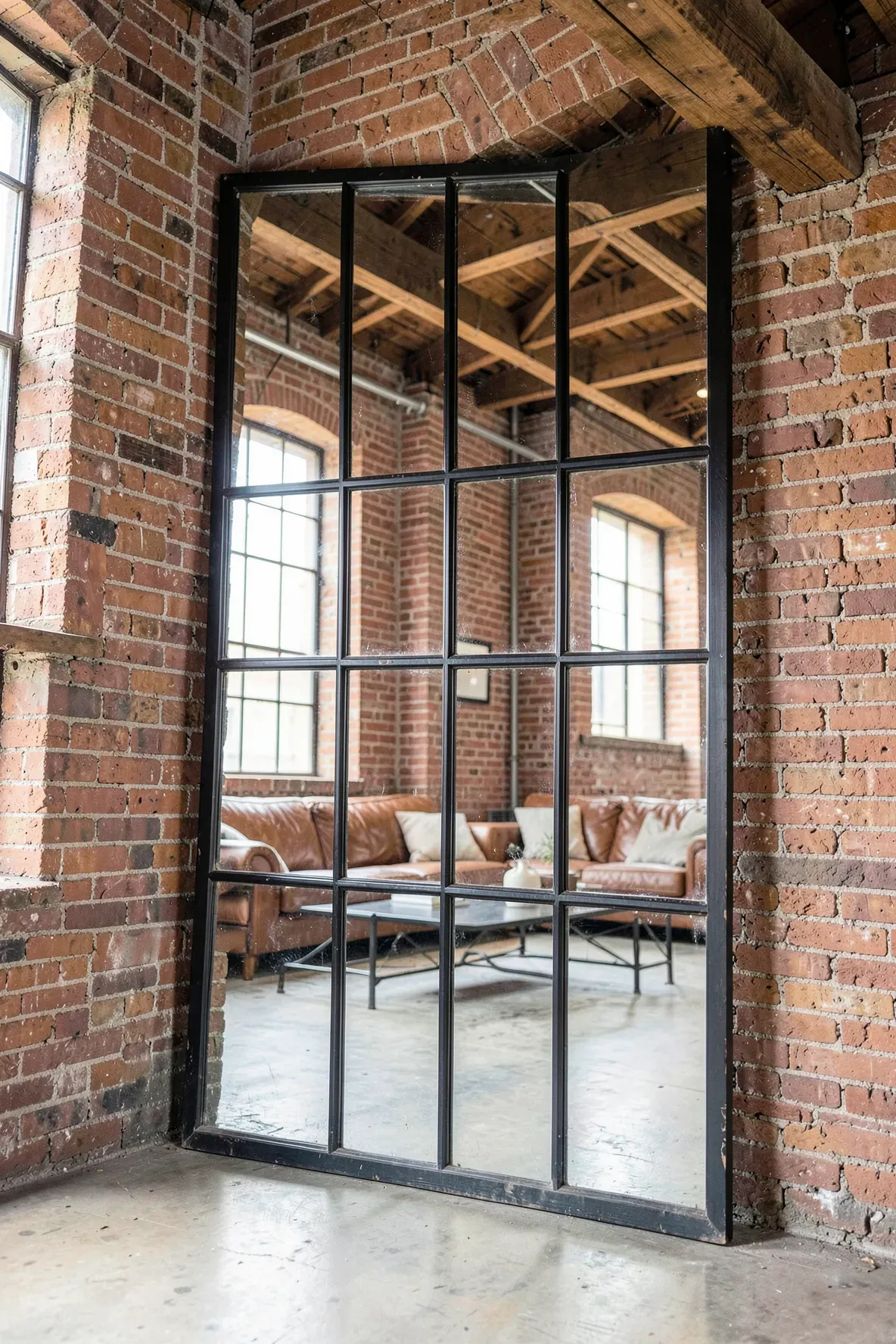 A large black metal grid-style mirror leaning against an exposed brick wall in a loft.