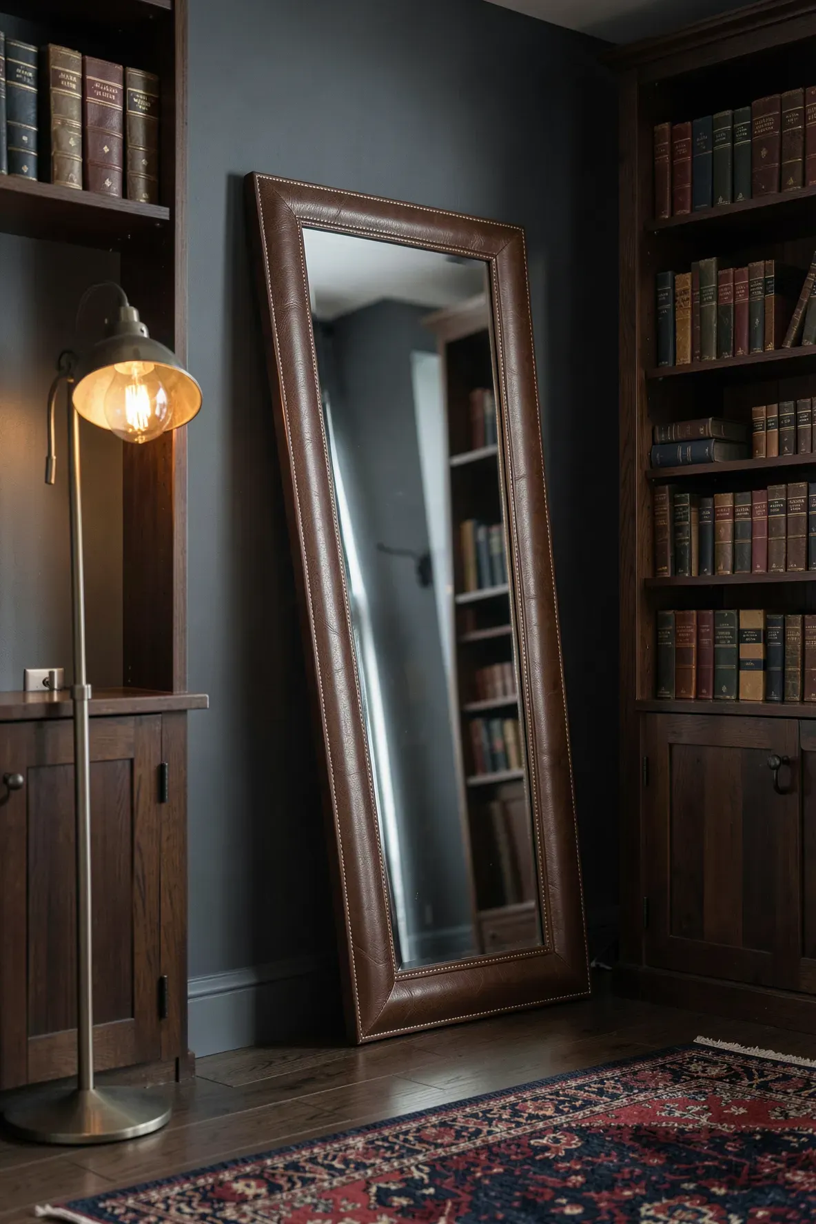 A full-length mirror with a dark leather frame and stitching in a masculine office with bookshelves.