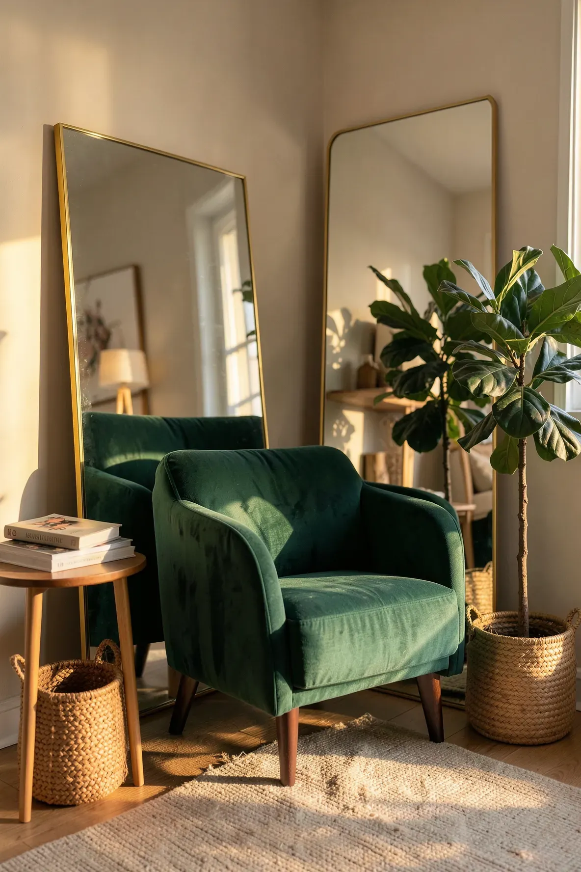 A large mirror positioned behind a green velvet armchair in a cozy living room corner.