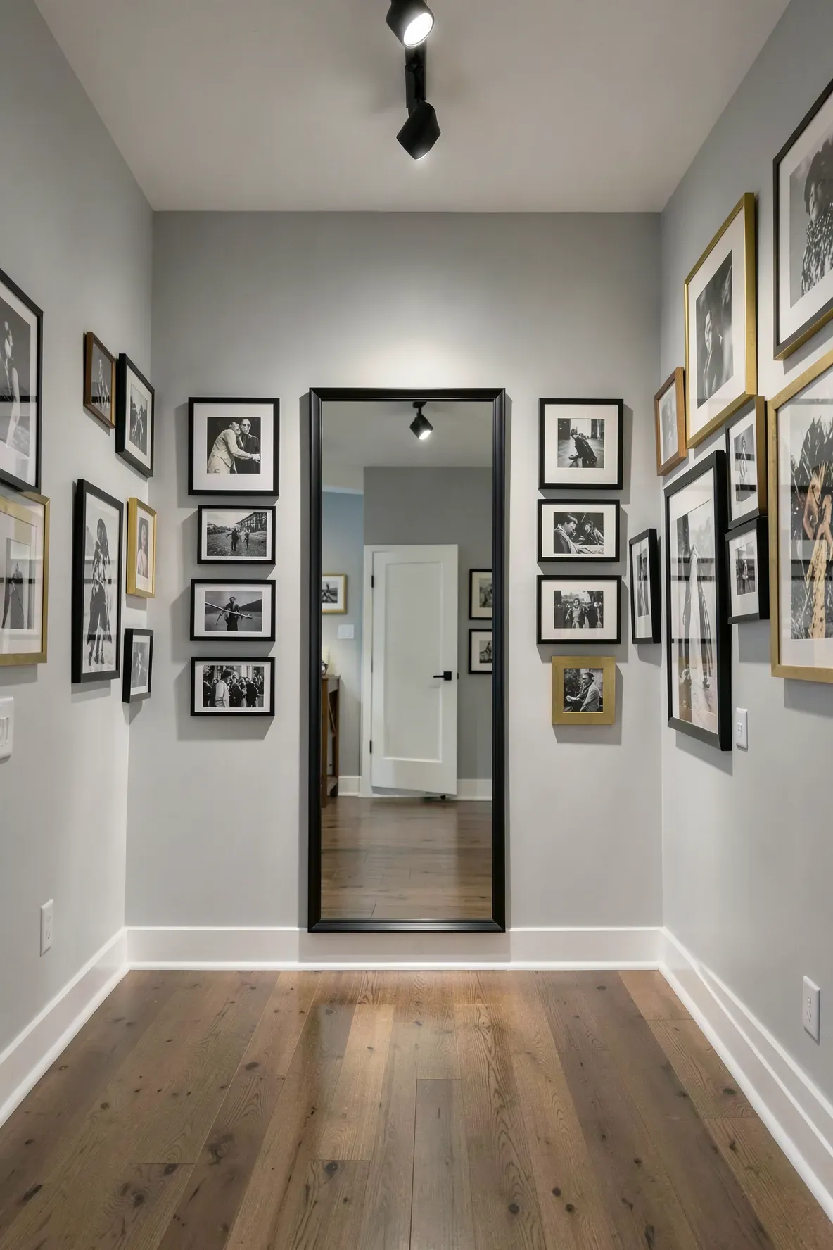 A large mirror surrounded by framed artwork on a gallery wall in a modern hallway.