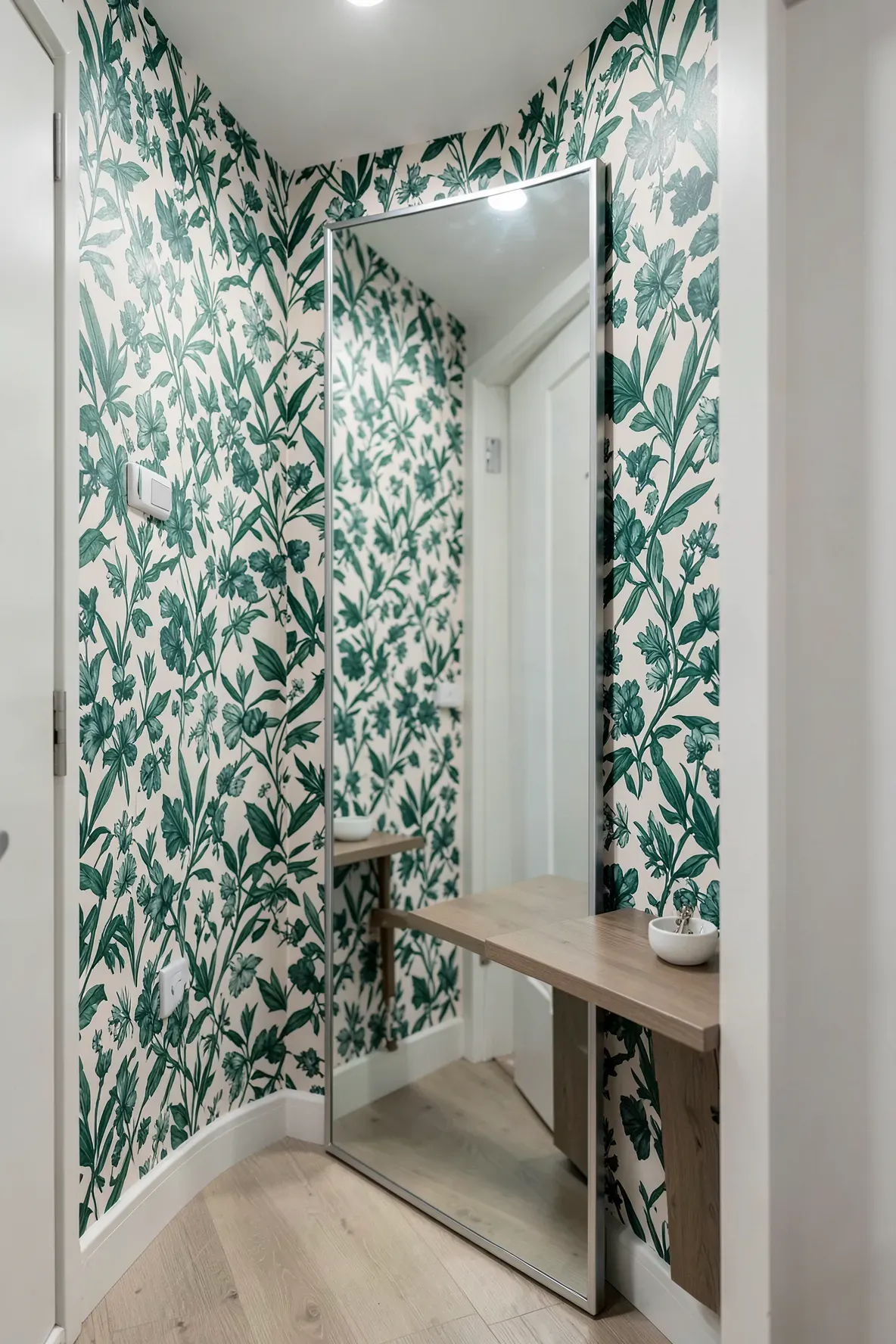 A very thin silver-framed mirror mounted on a wall with botanical wallpaper in a small space.