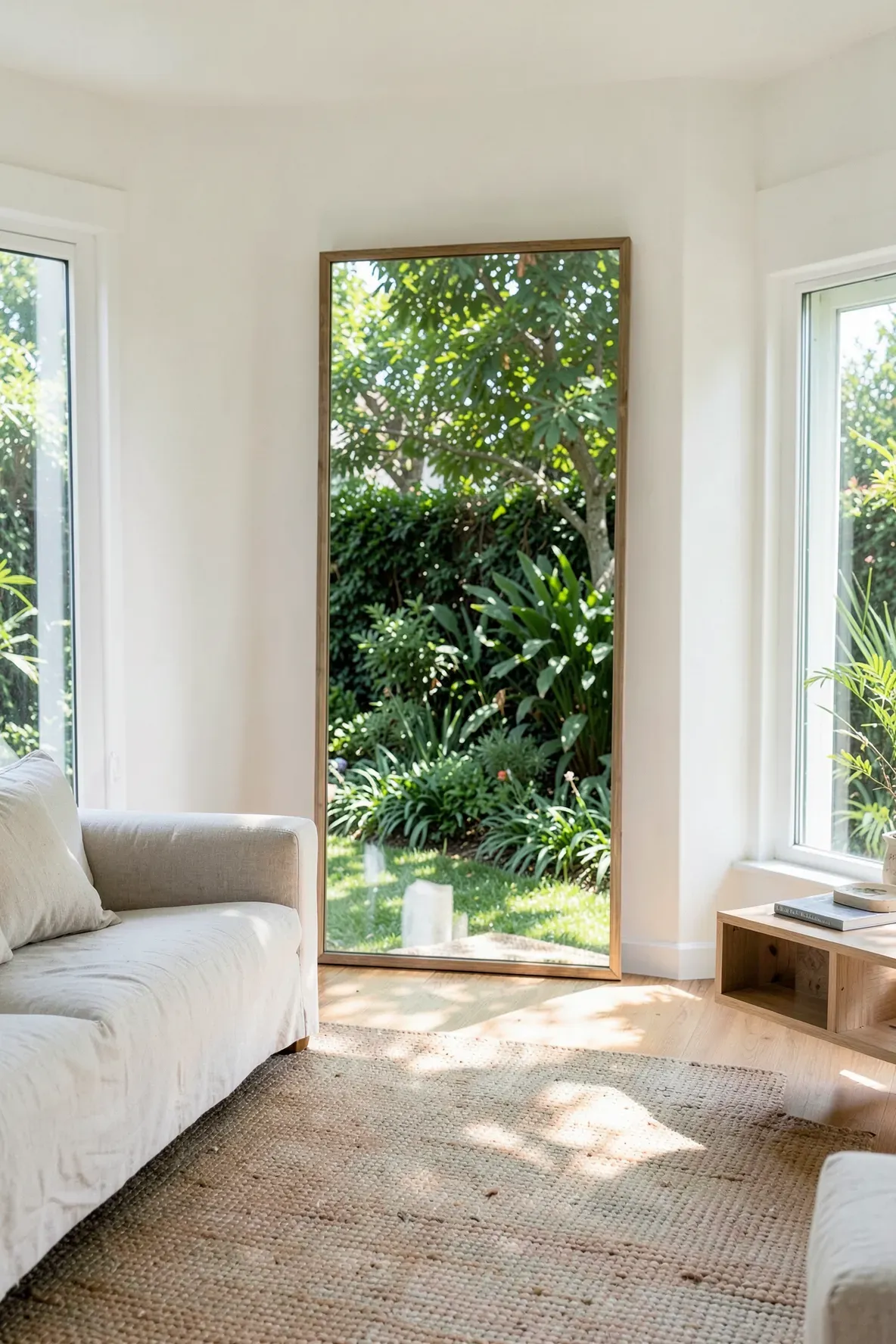 A large mirror in a bright room reflecting a lush green garden from an outside window.