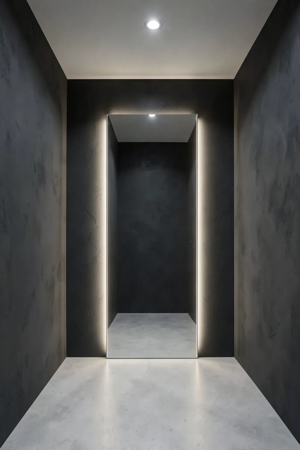 A modern full-length mirror with a glowing LED backlight strip in a minimalist dark hallway.