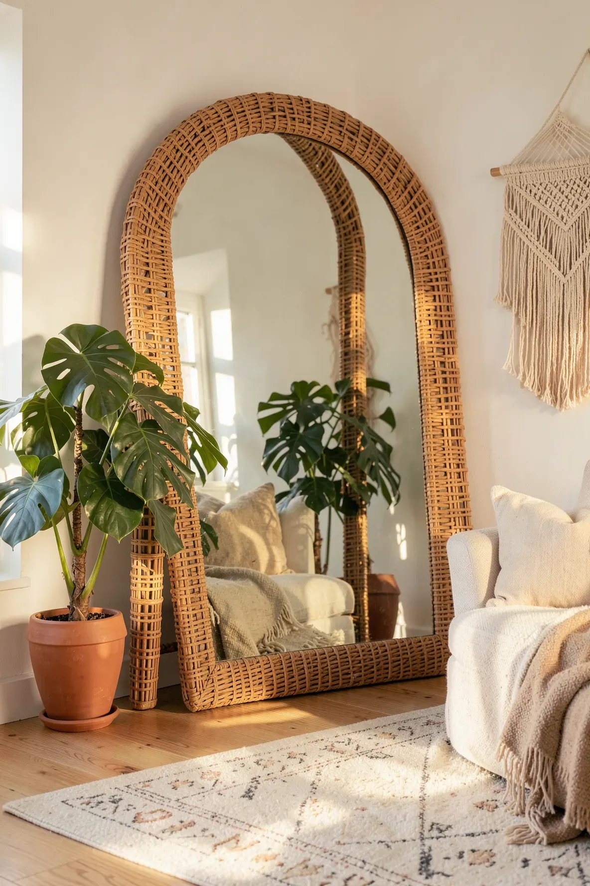 An arched rattan-framed full-length mirror leaning in a bright, plant-filled bohemian living room.