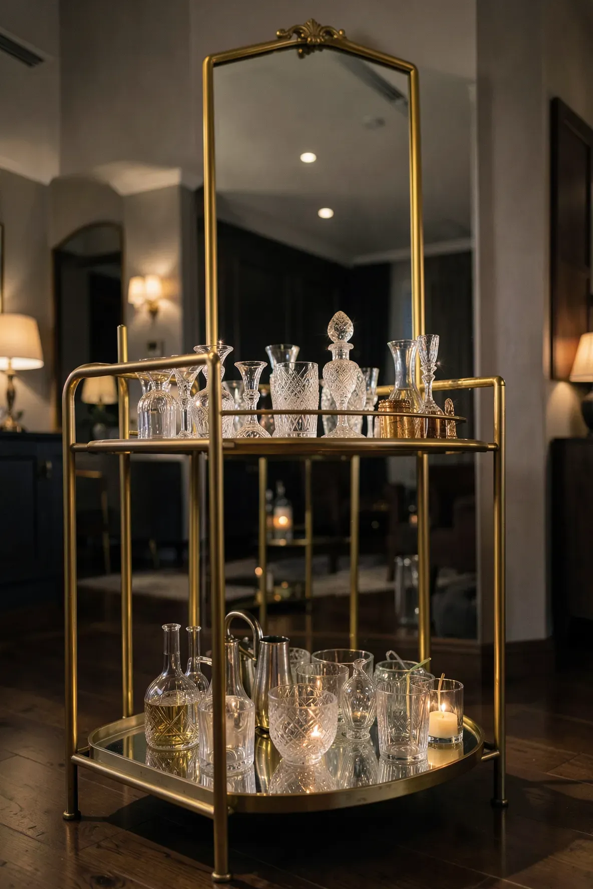 A brass bar cart with crystal glassware reflected in a large mirror in a luxury dining room.