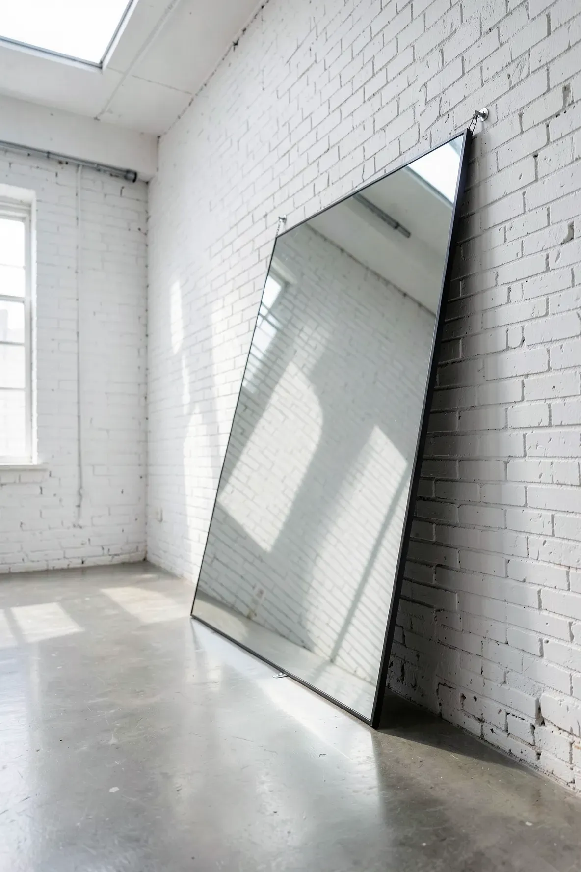 A large leaning floor mirror safely secured to a white brick wall with professional anchors.