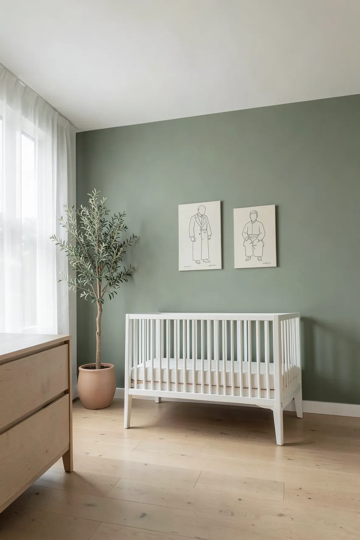 A modern nursery with calming sage green walls, light wood furniture, and soft natural light.