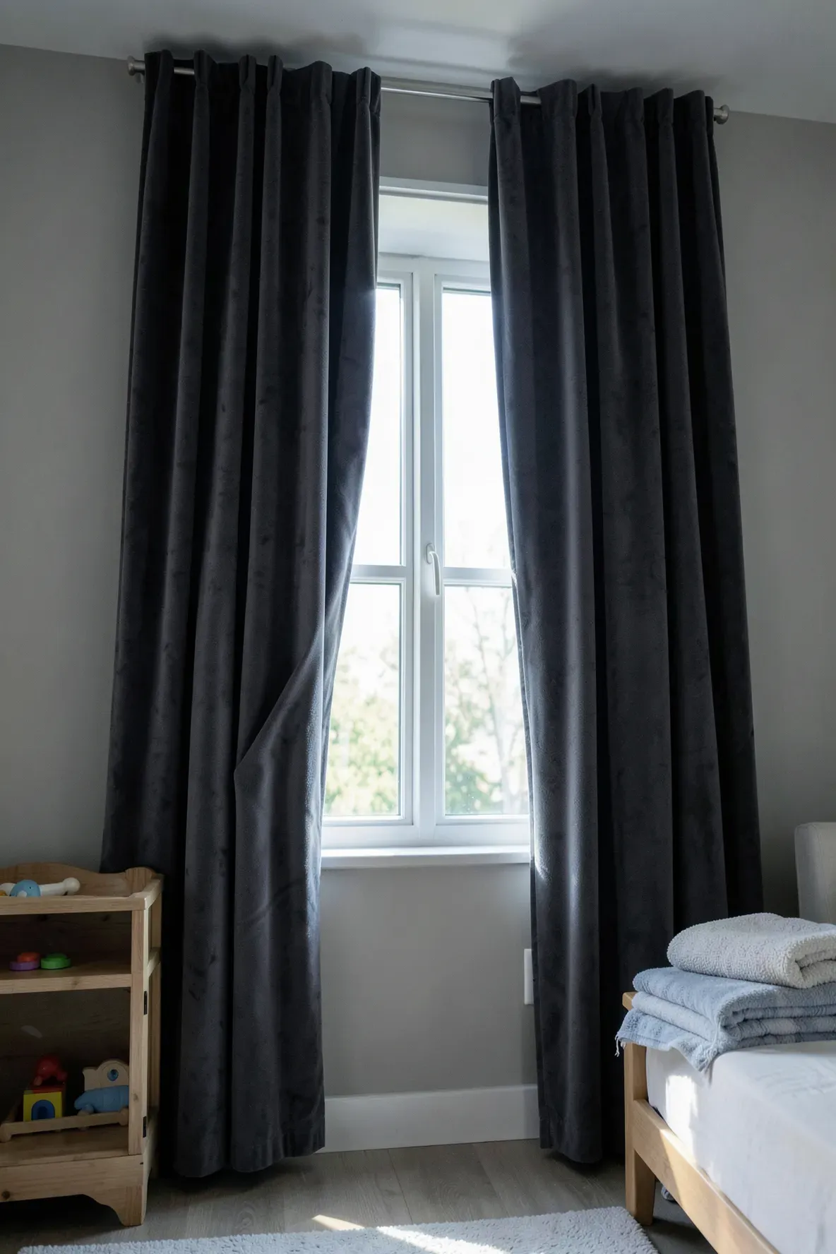 Thick charcoal velvet blackout curtains covering a large window in a peaceful, dimly lit nursery.