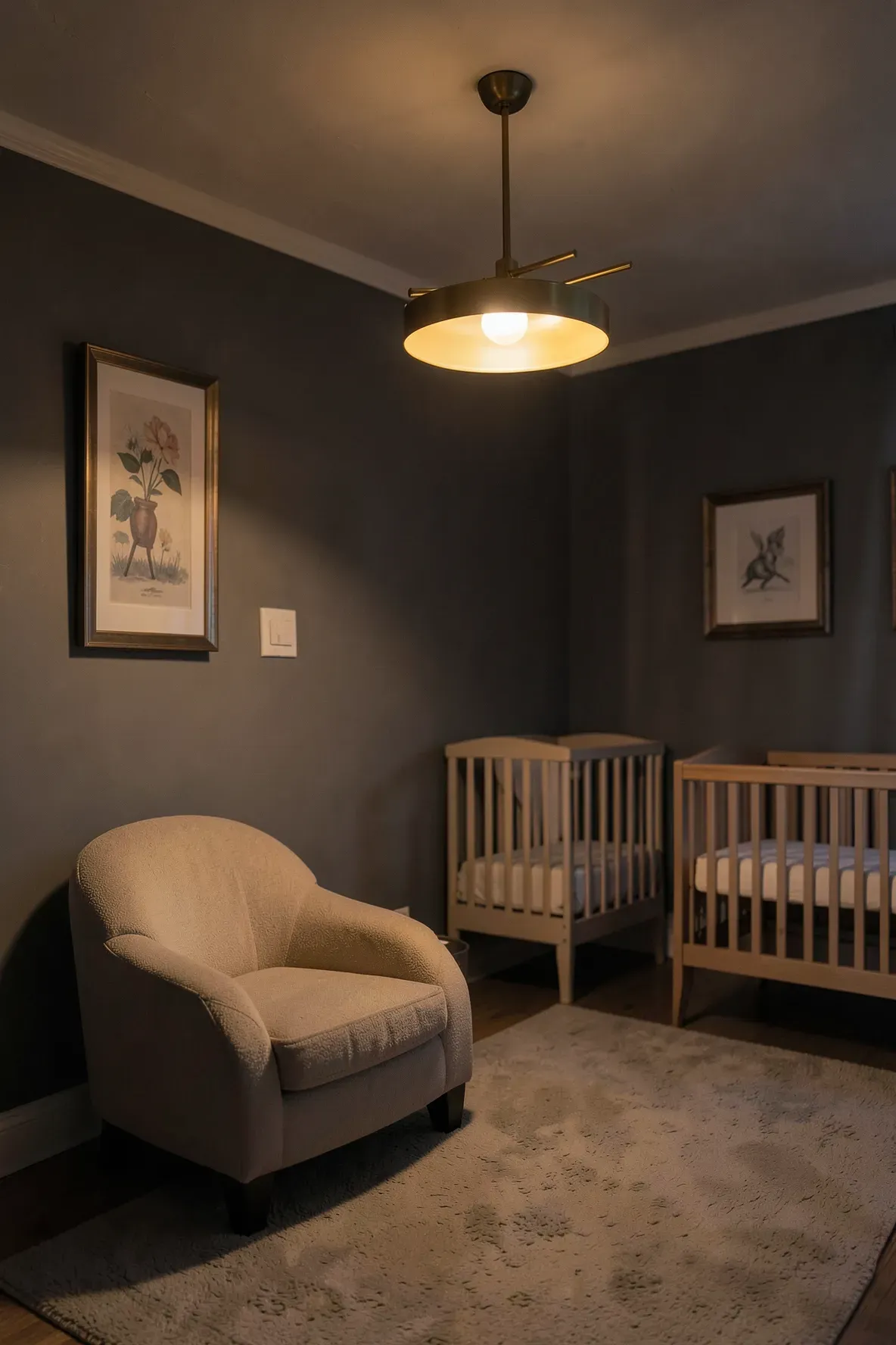 A dimly lit nursery with a warm amber glow from a brass chandelier, creating a soothing atmosphere.