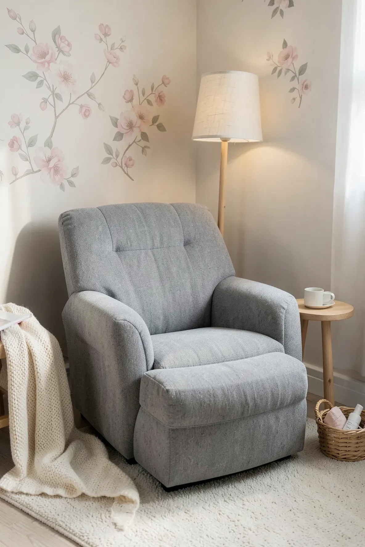 A cozy nursing corner with a grey fabric glider chair, a knit blanket, and a soft floor lamp.
