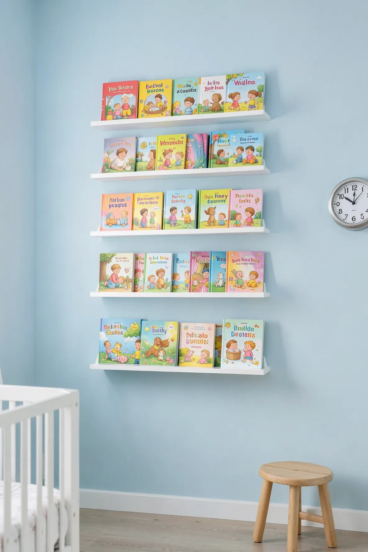 White floating shelves on a blue wall displaying colorful children's books in a bright nursery.