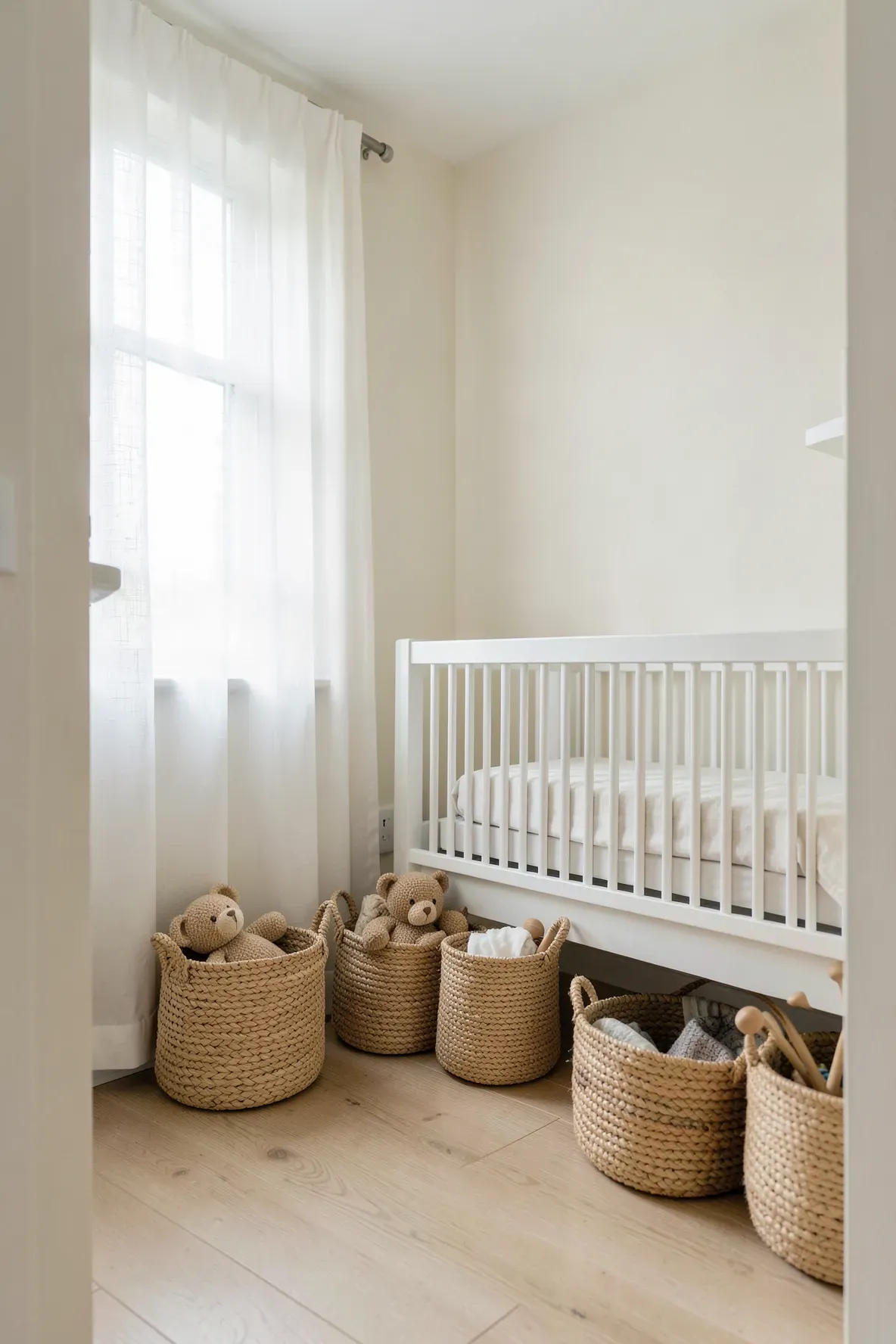 A clean nursery corner featuring woven seagrass baskets and cotton bins for toy organization.