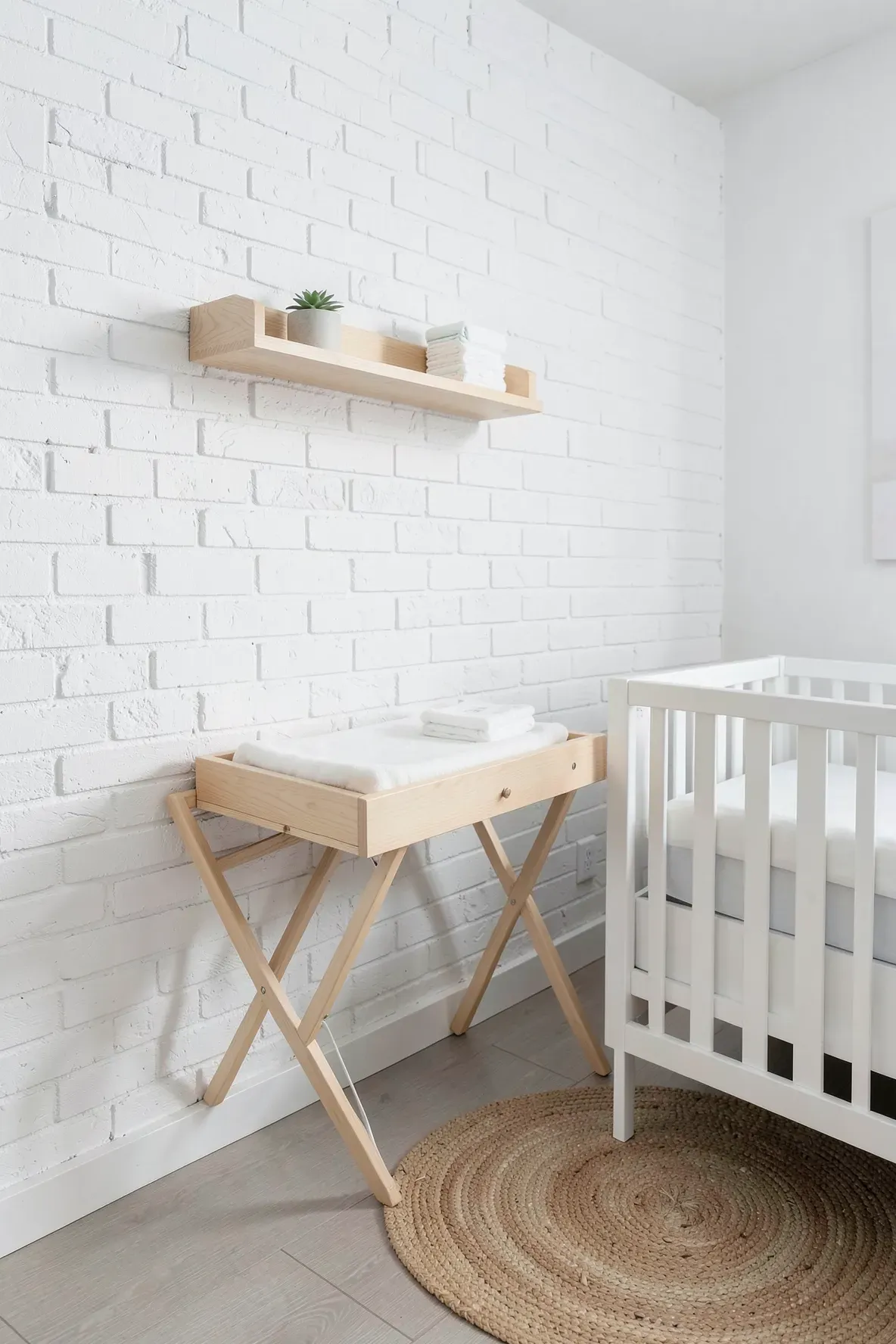 A space-efficient wall-mounted changing table in a brightly lit, small modern nursery.