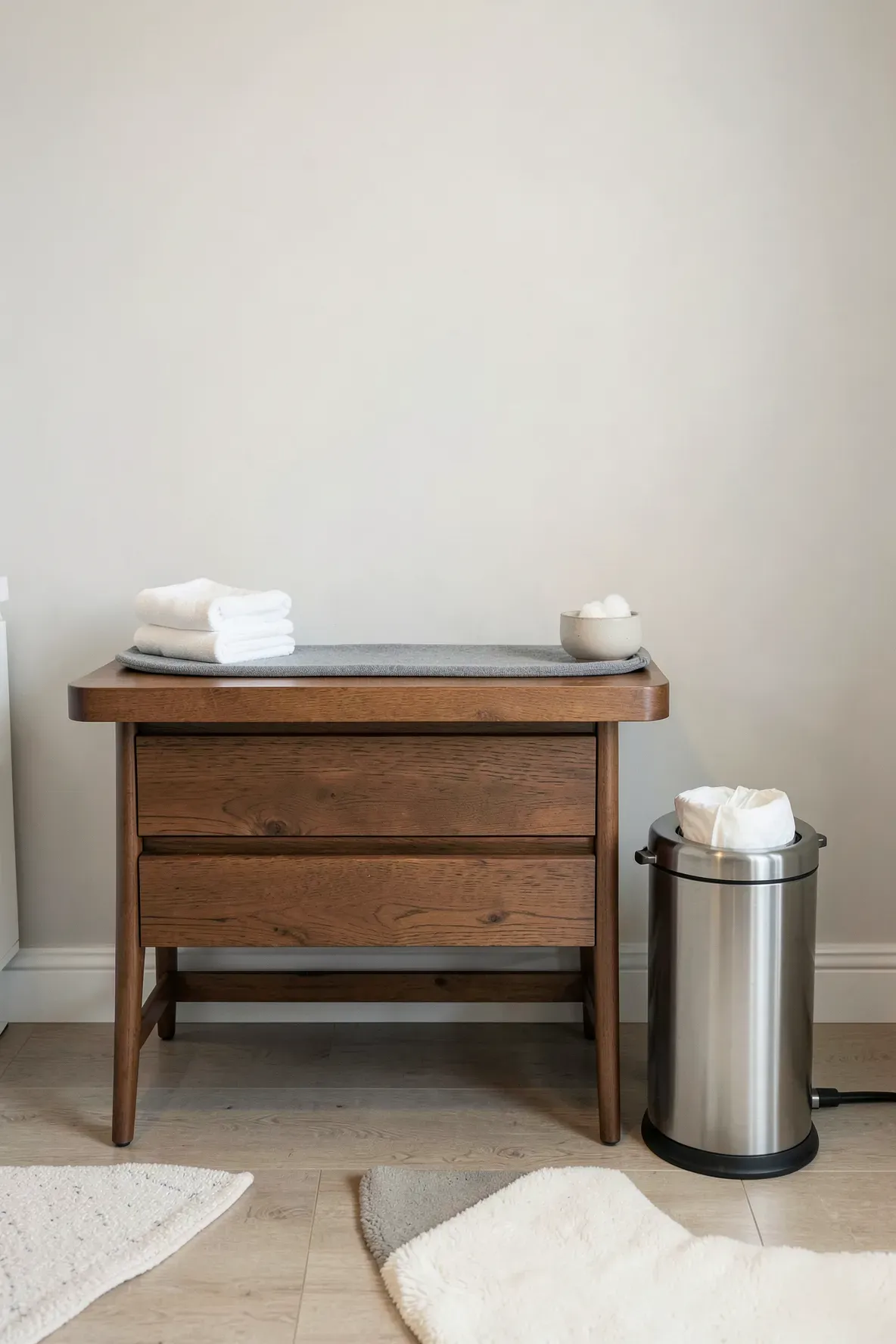 A sleek stainless steel diaper pail placed next to a wooden changing dresser in a tidy nursery.
