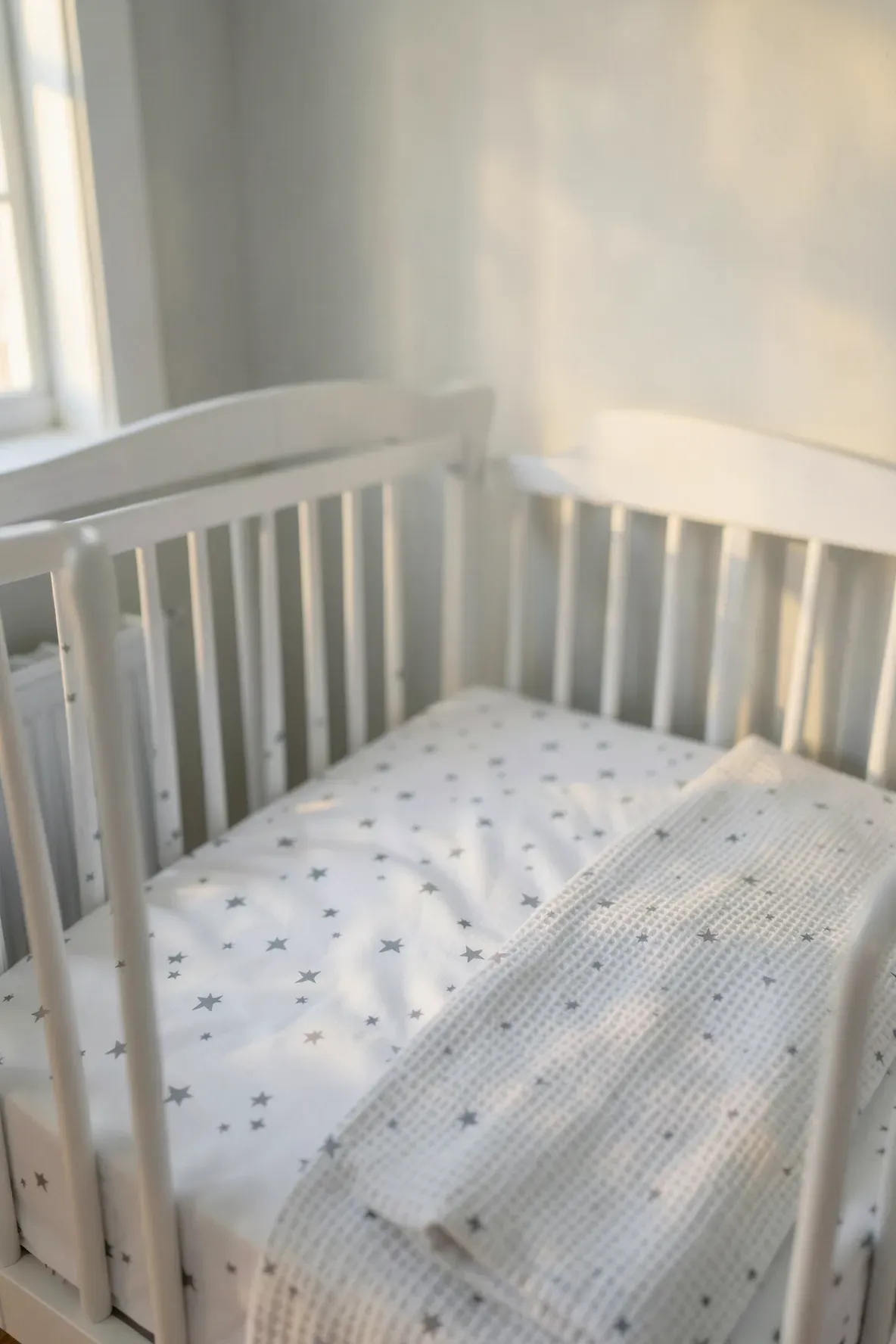 Soft cotton crib sheets with a subtle pattern in a peaceful, sunlit nursery.