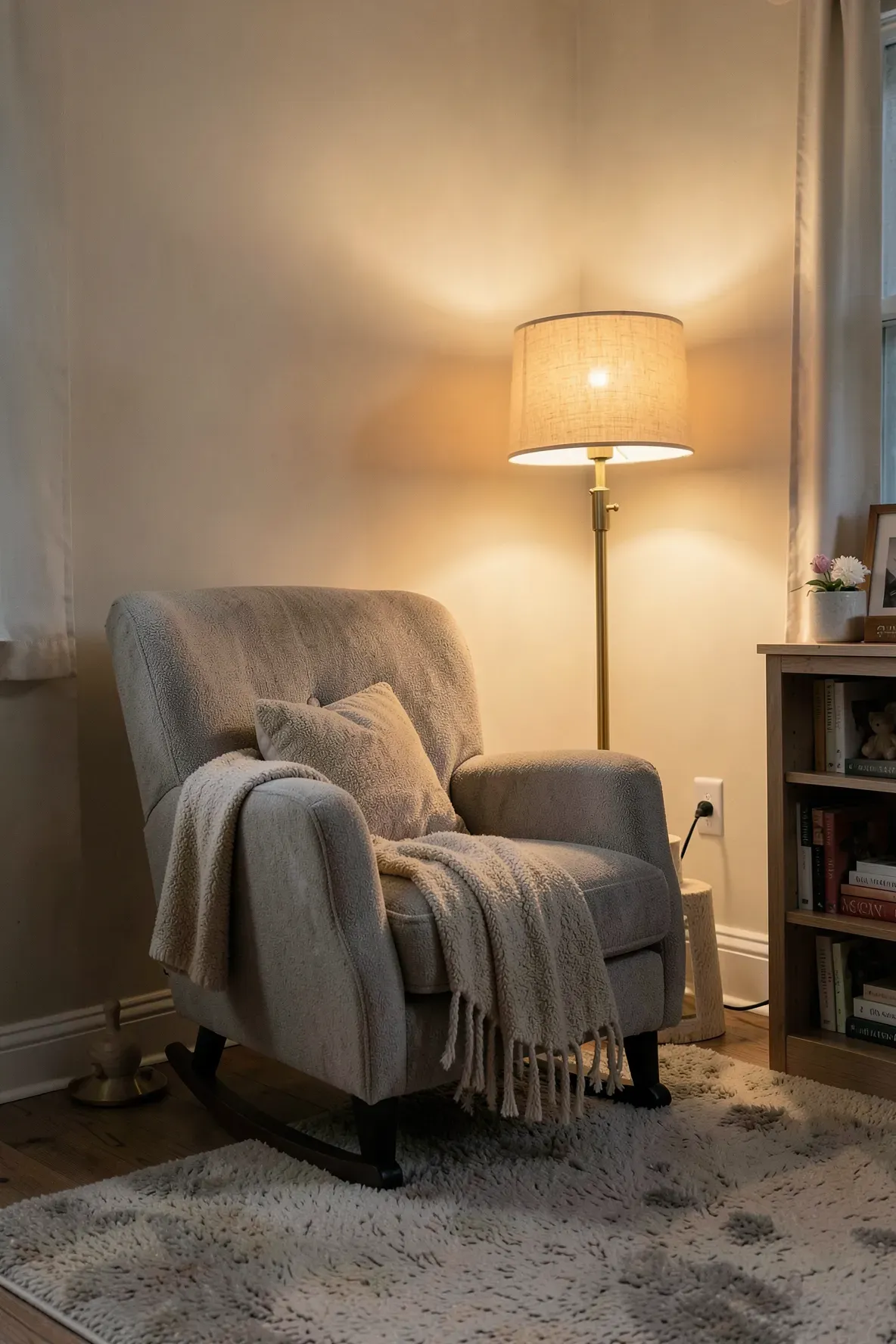A cozy nursery corner with a warm brass floor lamp next to a comfortable grey rocking chair.
