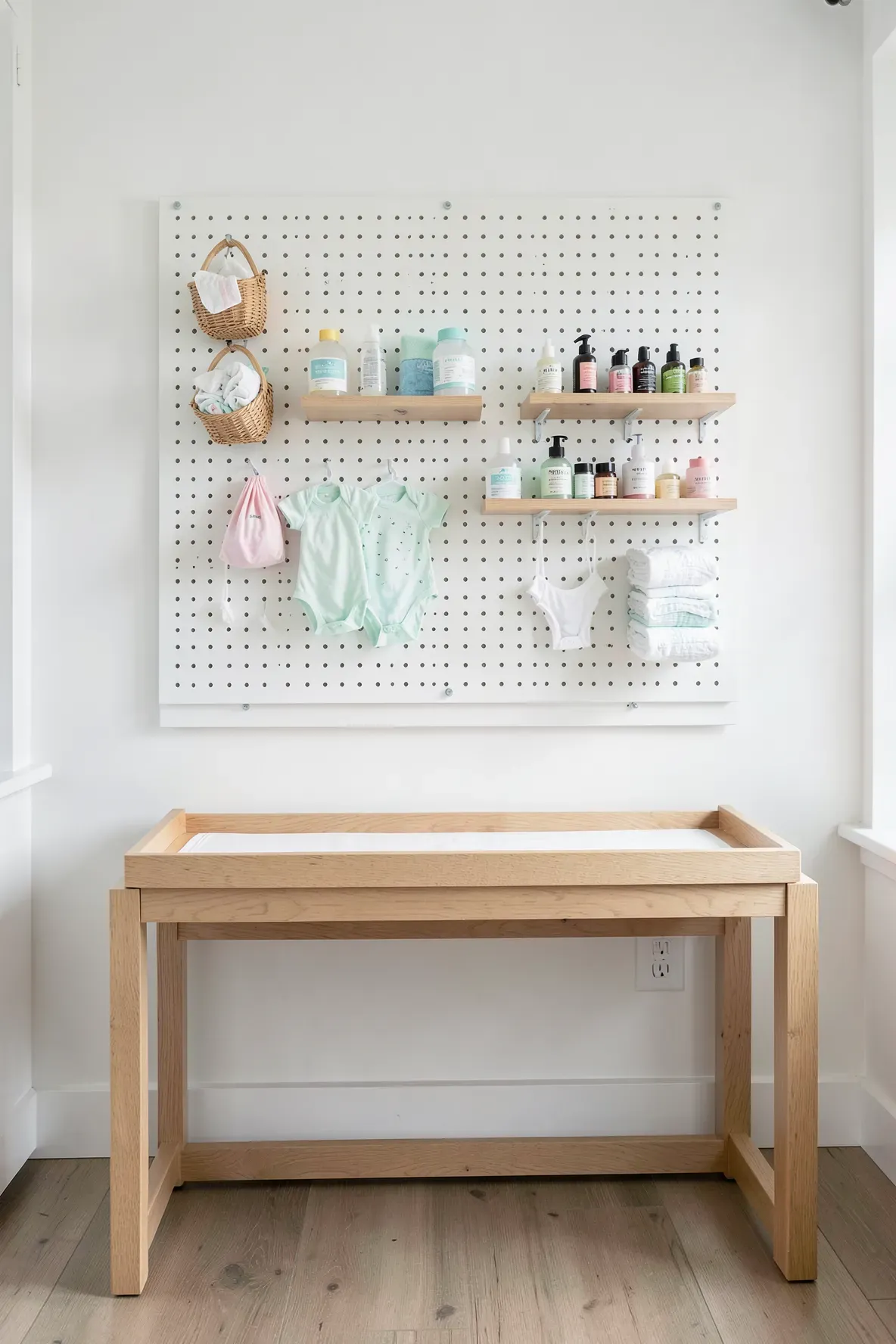 A white pegboard with organized baby supplies mounted above a wooden changing dresser.