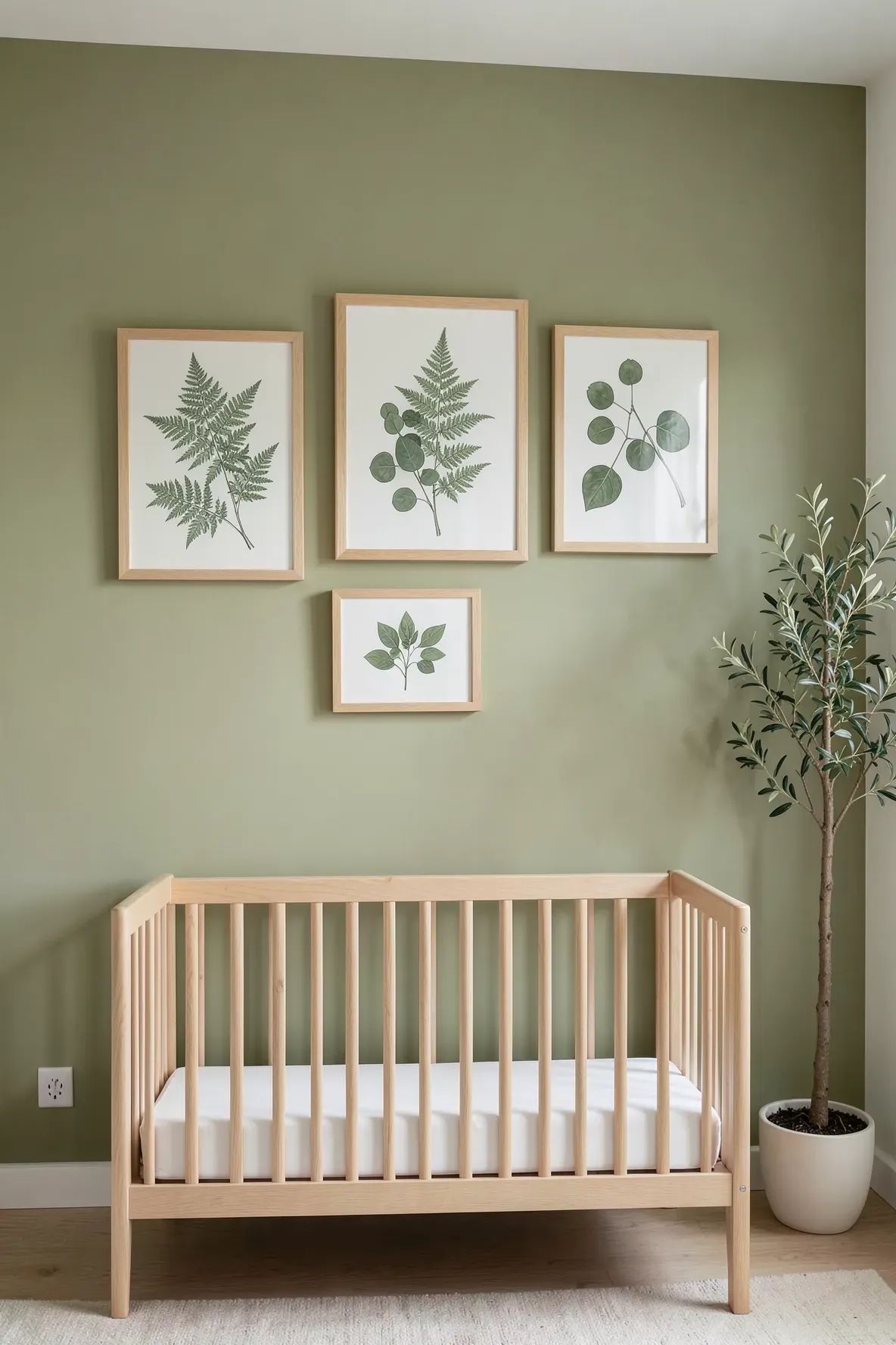 Framed botanical art prints hanging on a soft green wall above a wooden crib in a nursery.