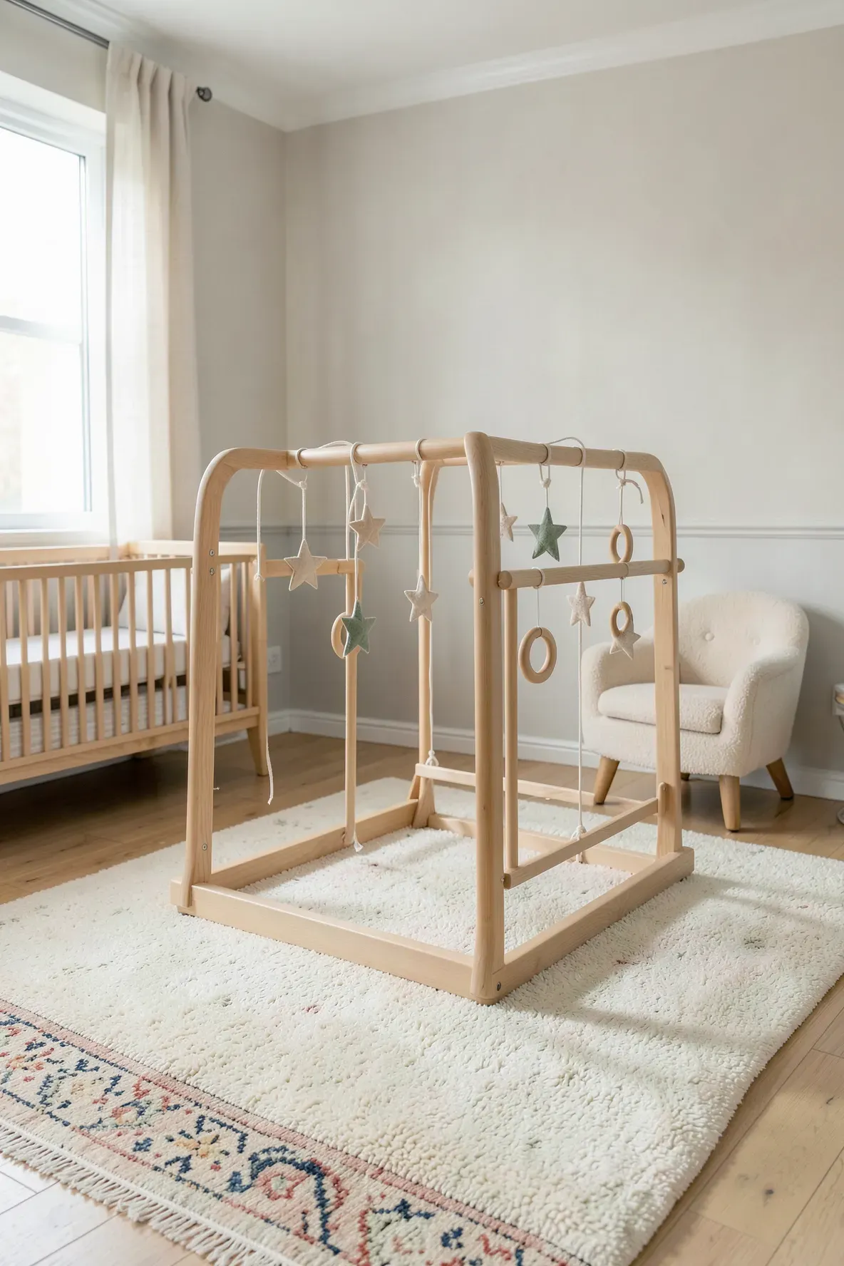 A minimalist wooden baby gym stands on a soft rug in a bright, modern nursery room.