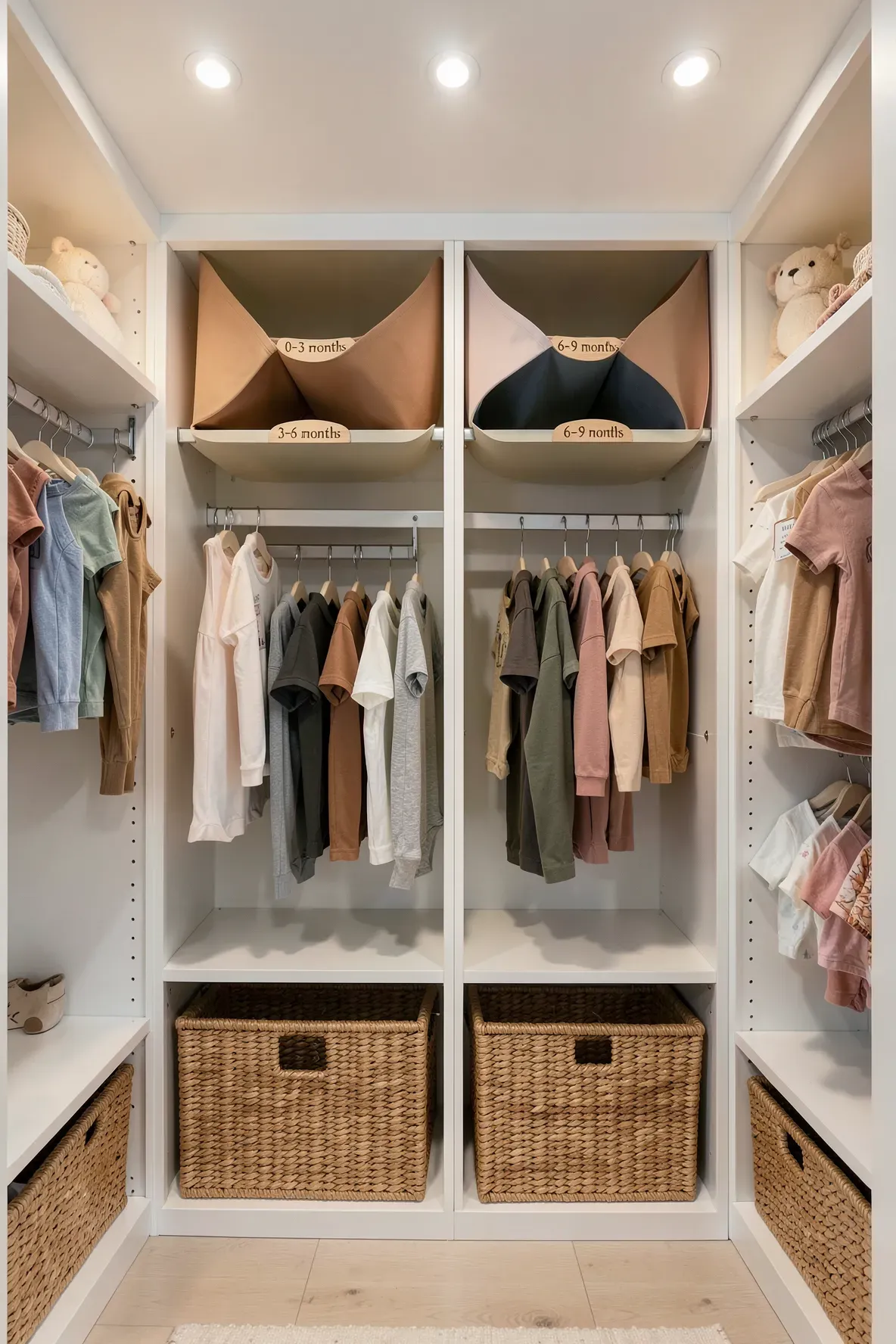 A neatly organized baby closet with wooden age dividers separating small hanging clothes.