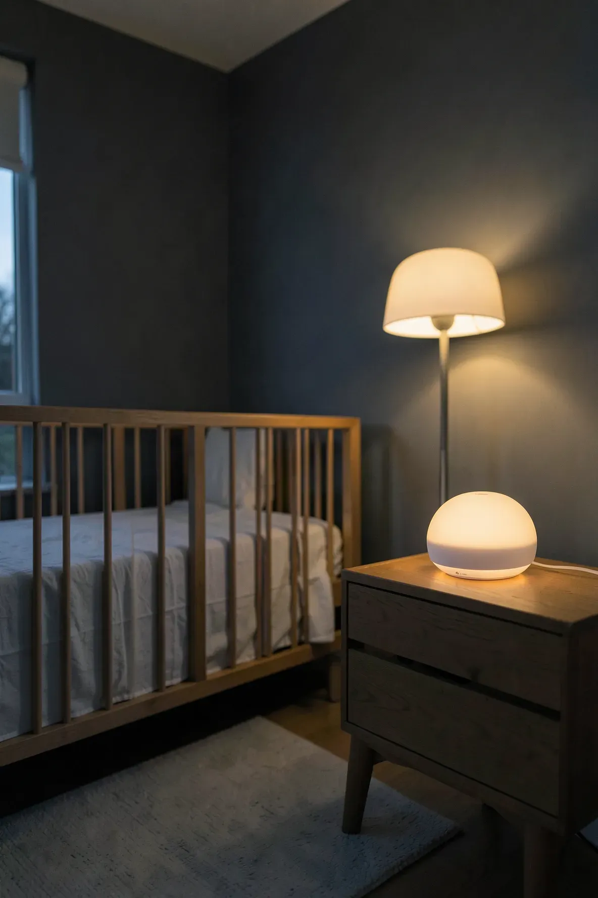 A white sound machine glows softly on a side table in a quiet, dark nursery.