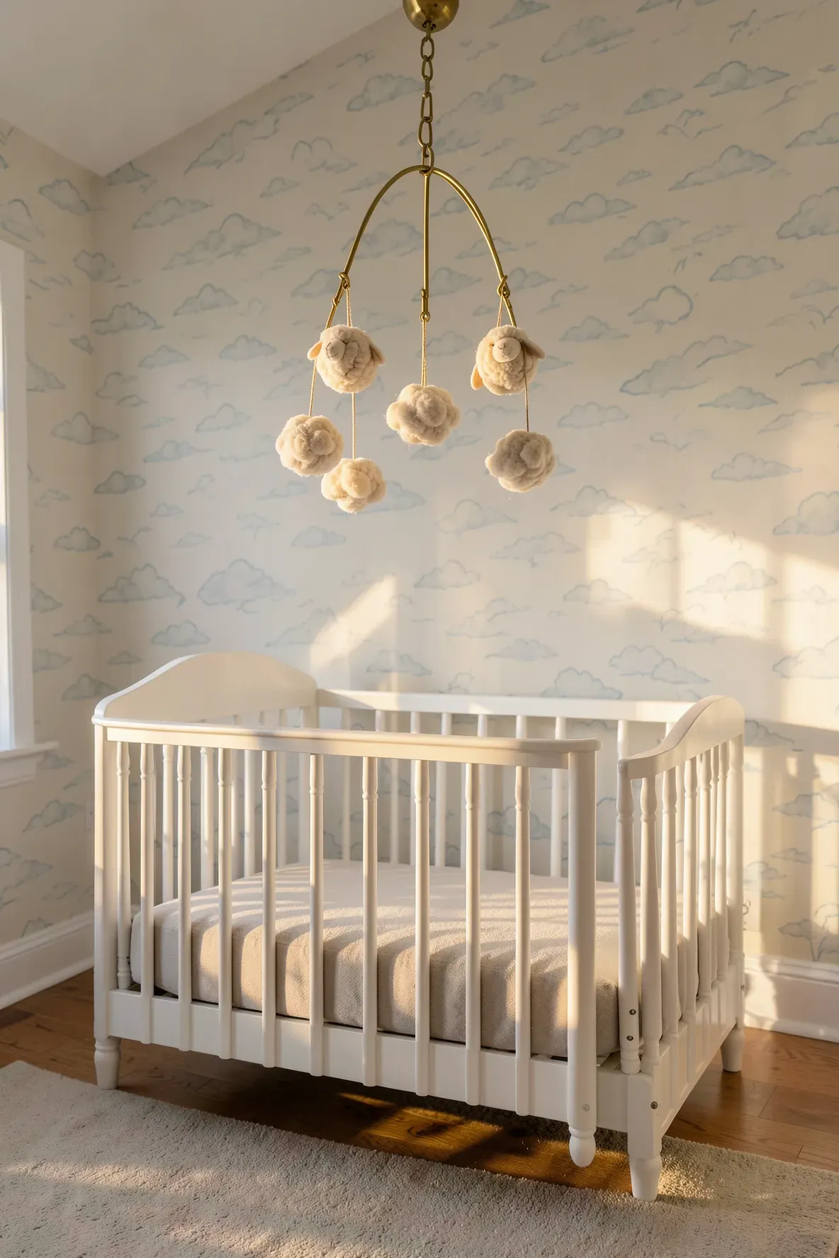 A decorative sheep mobile hangs over a white wooden crib in a sunlit nursery.