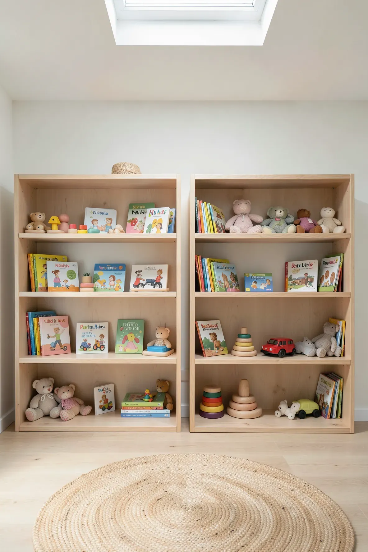 Low wooden bookshelves filled with colorful books and toys in a clean nursery.
