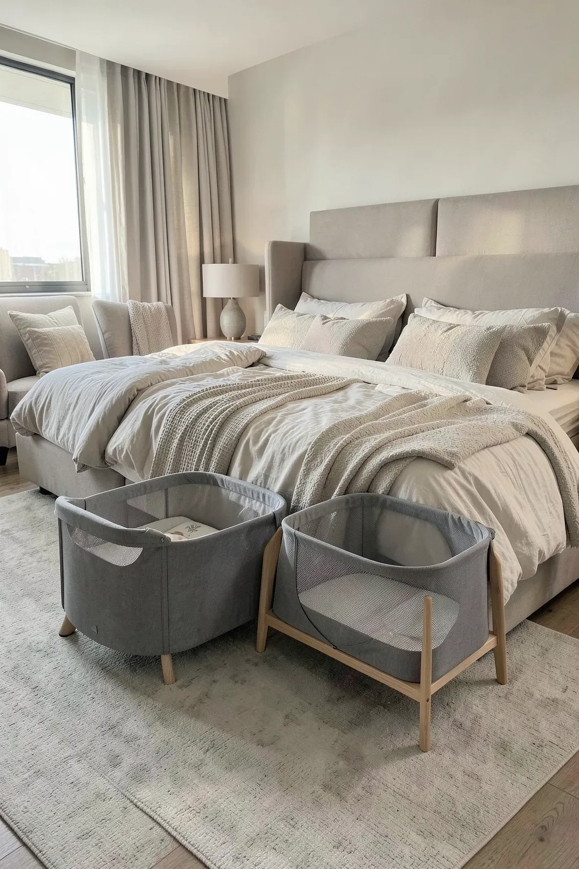 A modern baby bassinet positioned next to a large bed in a neutral-toned master bedroom.