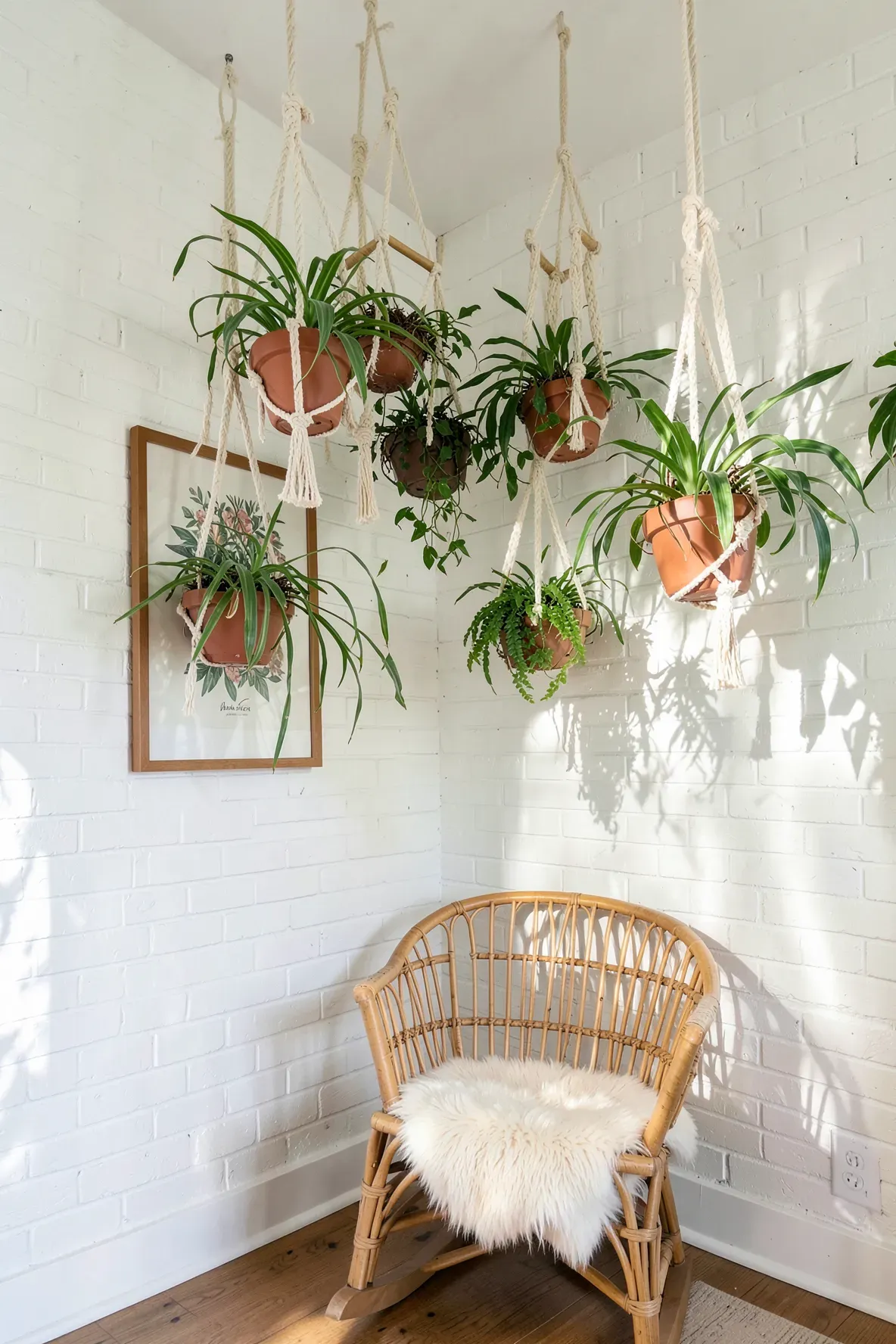 Green plants in macrame hangers suspended above a rattan chair in a bright nursery.