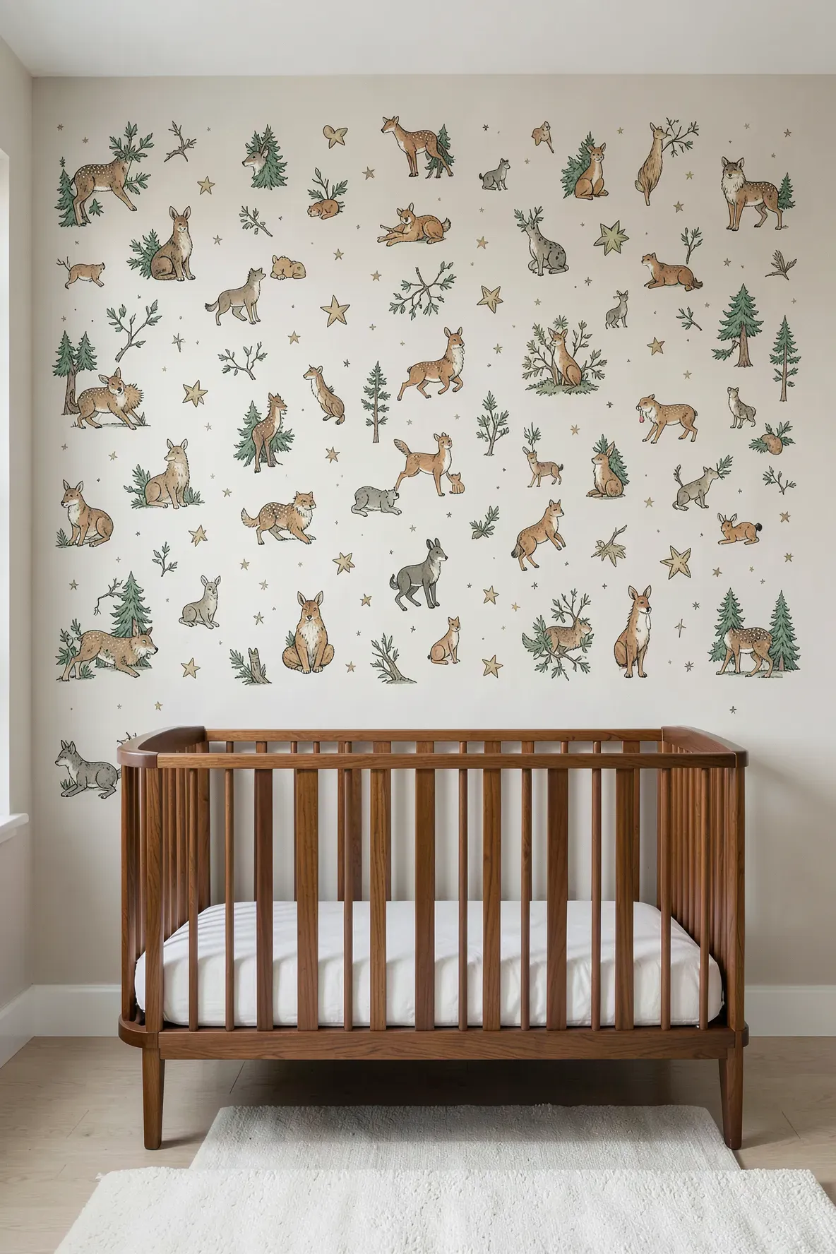 Forest animal fabric wall decals on a neutral wall above a walnut crib in a nursery.