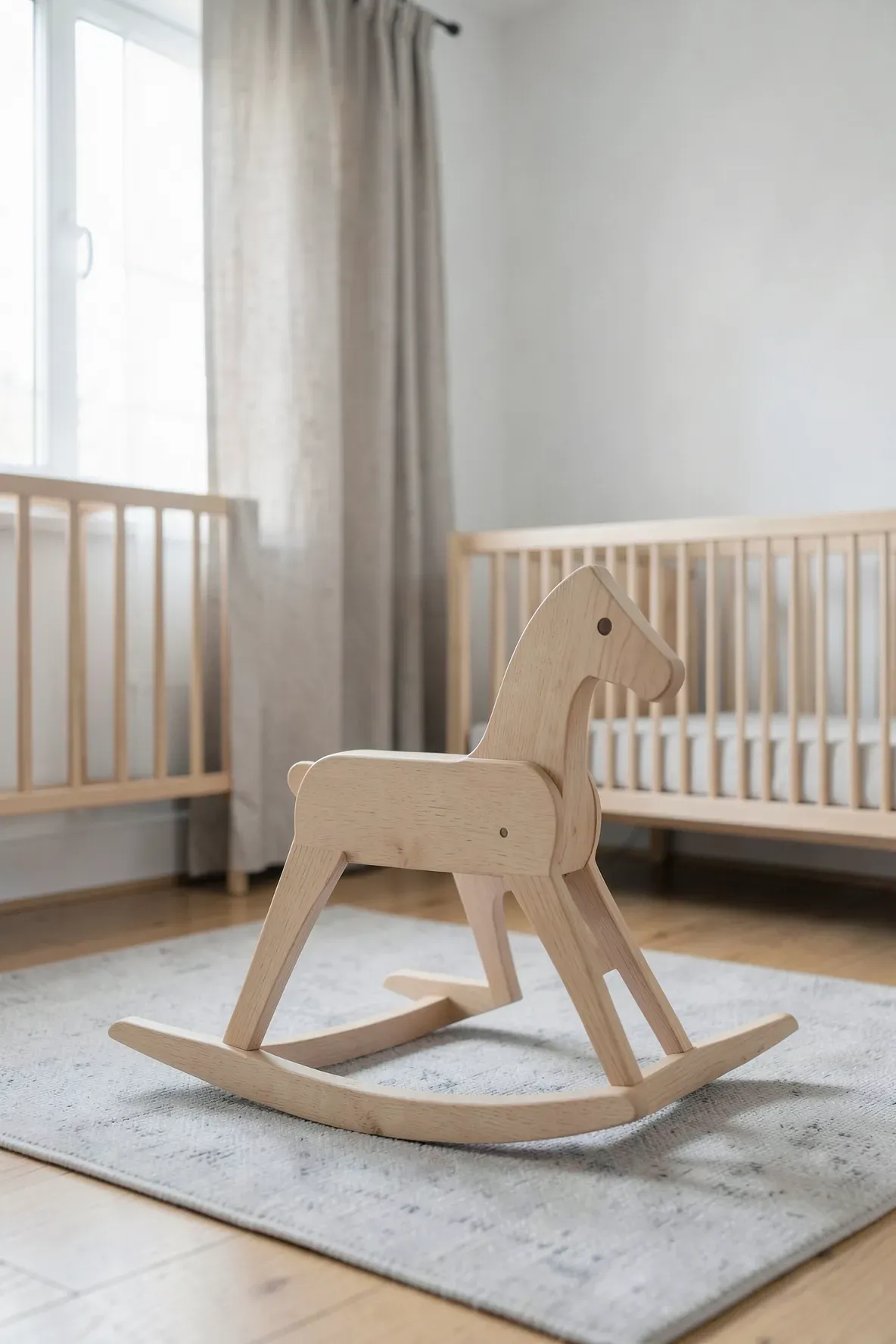A minimalist light wood rocking horse on a grey rug in a bright, modern nursery.