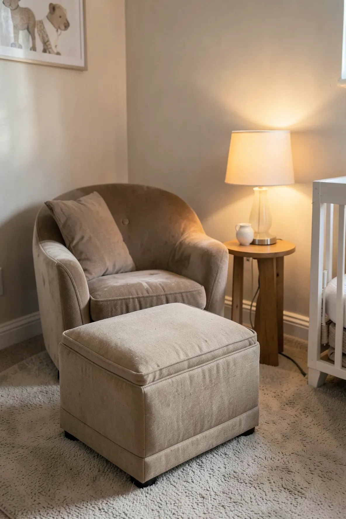 An oatmeal-colored linen storage ottoman paired with a velvet glider in a cozy nursery.
