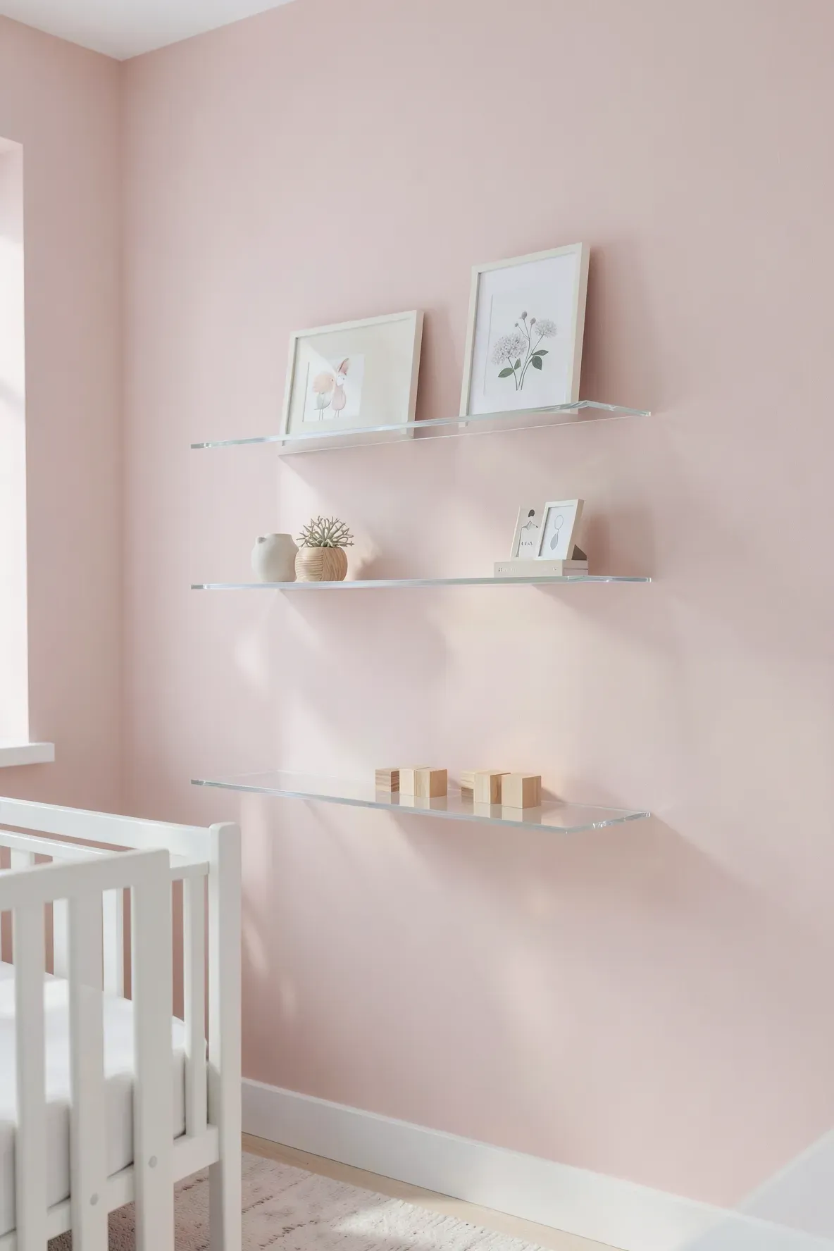 Modern clear acrylic floating shelves on a blush pink wall in a minimalist nursery.