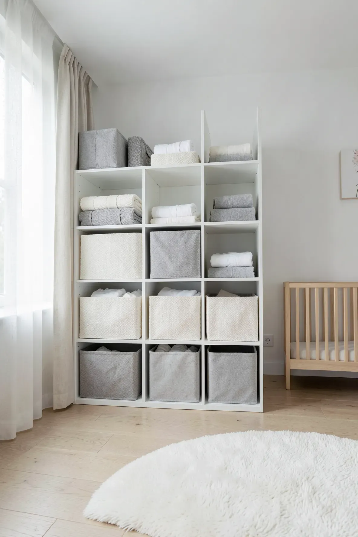 A bright nursery featuring a white shelf with grey fabric bins and a wooden crib in a clean layout.