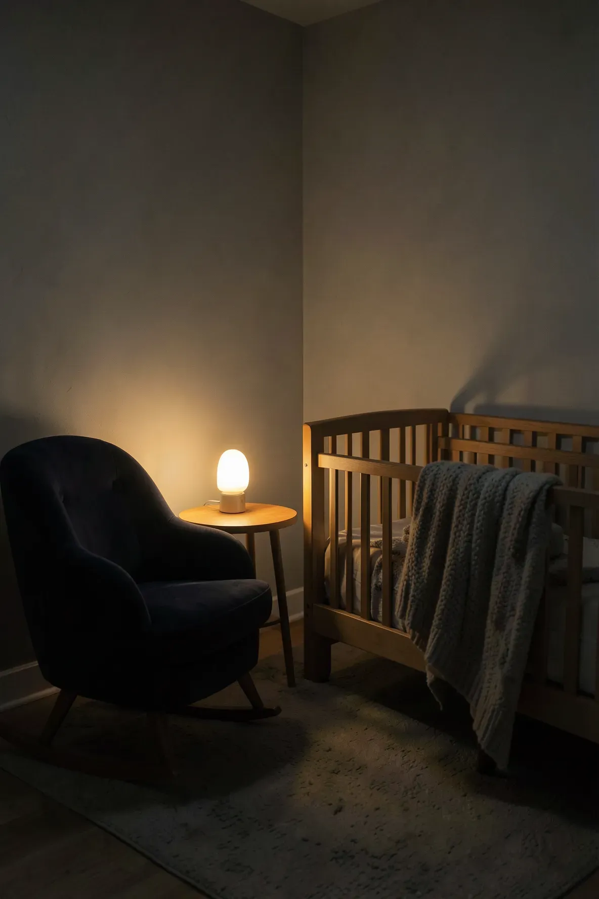 A dimly lit nursery at night with a soft amber glow from a small nightlight next to a rocking chair.