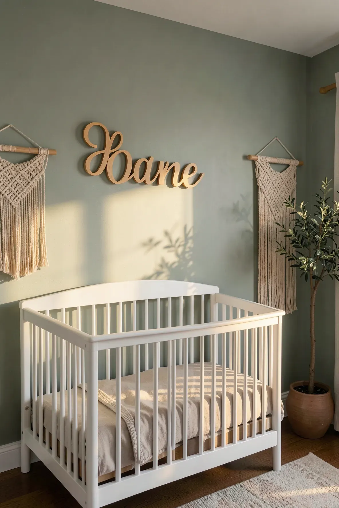 A modern nursery showing a wooden name sign on the wall above a white crib in a sunlit room.