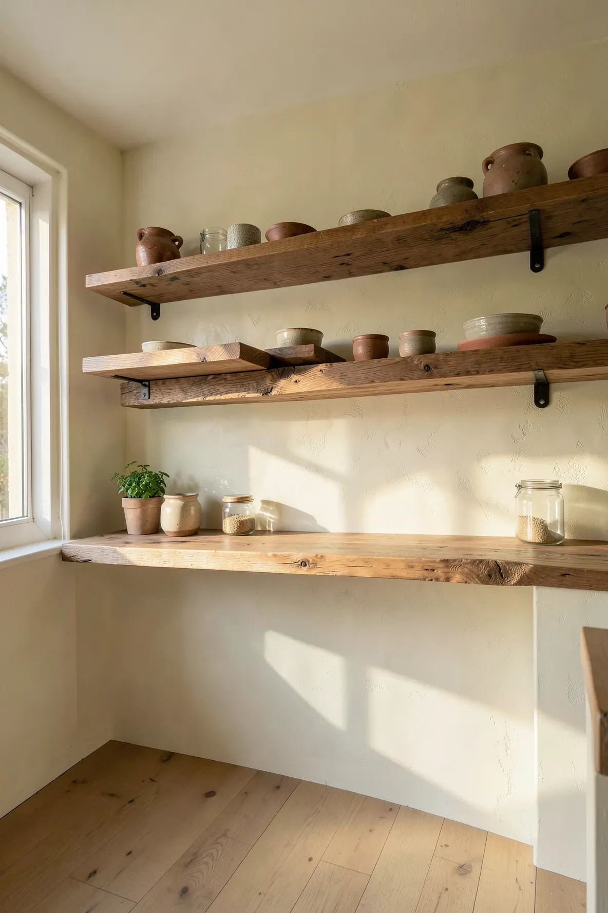Thick raw wood floating shelves on a cream wall in a bright, sunlit earthy boho kitchen.