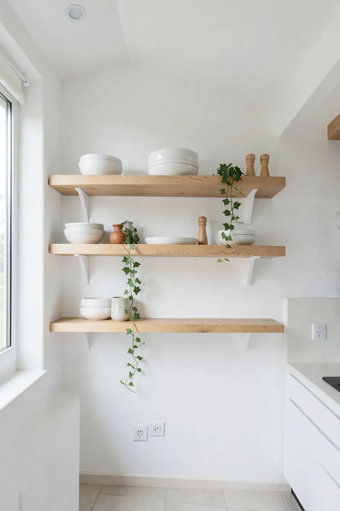 Light oak floating shelves with white brackets in a bright Scandinavian kitchen.