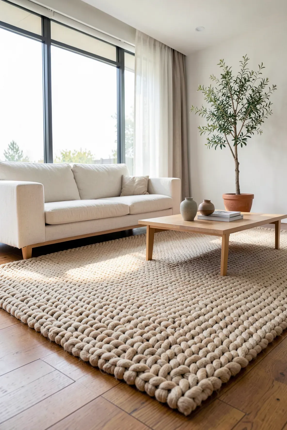 A thick sandy-colored wool loop rug on hardwood floors in a bright, modern living room.