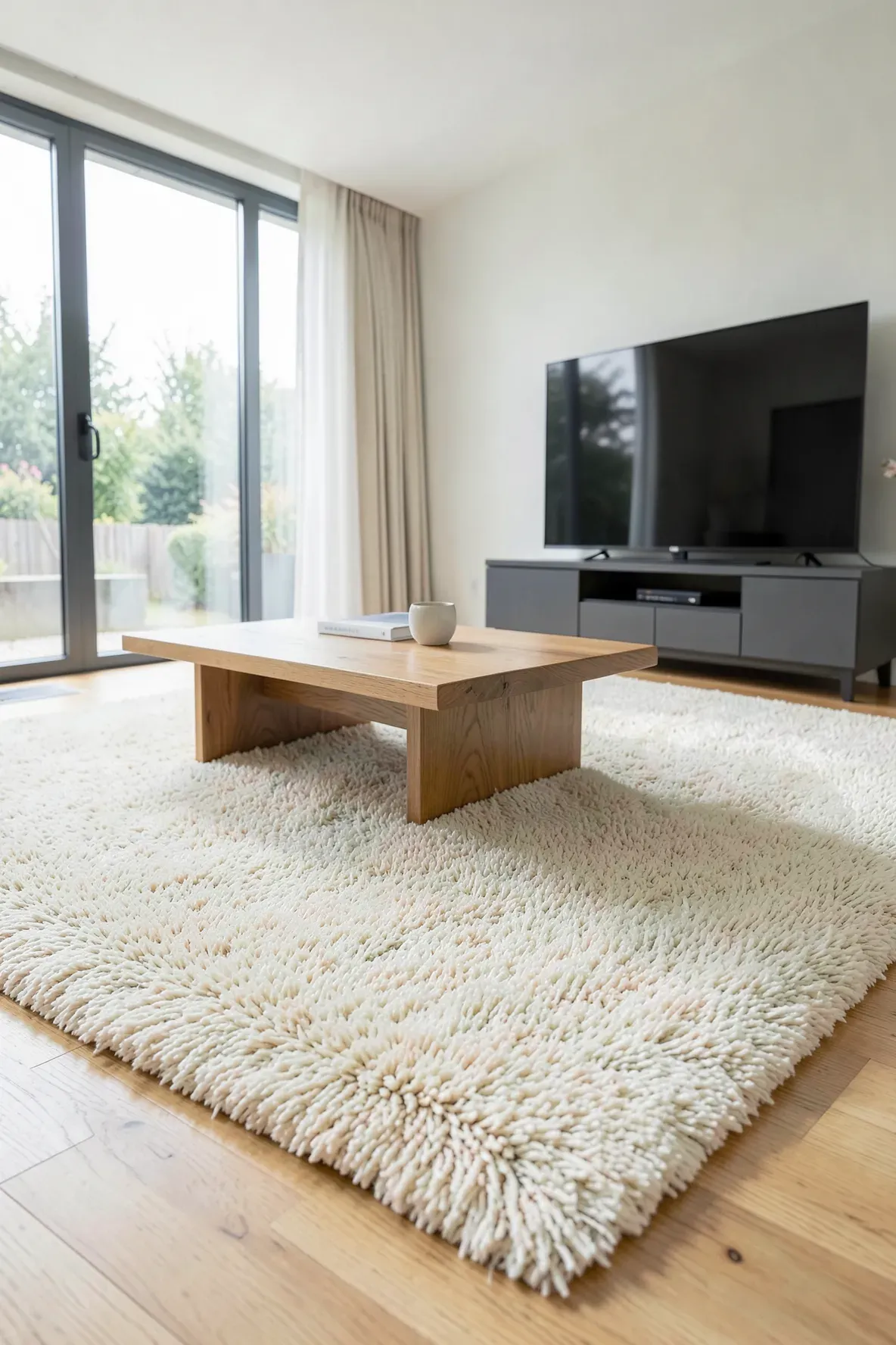 A plush high-pile cream shag rug in a bright living room with an oak coffee table.
