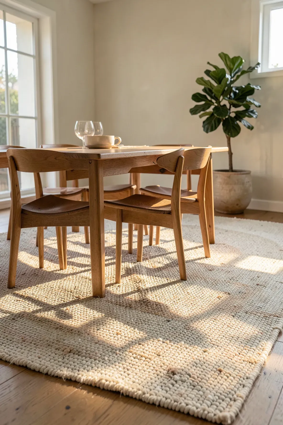 A hand-woven jute and wool cream rug under a wooden dining table in a sunny room.