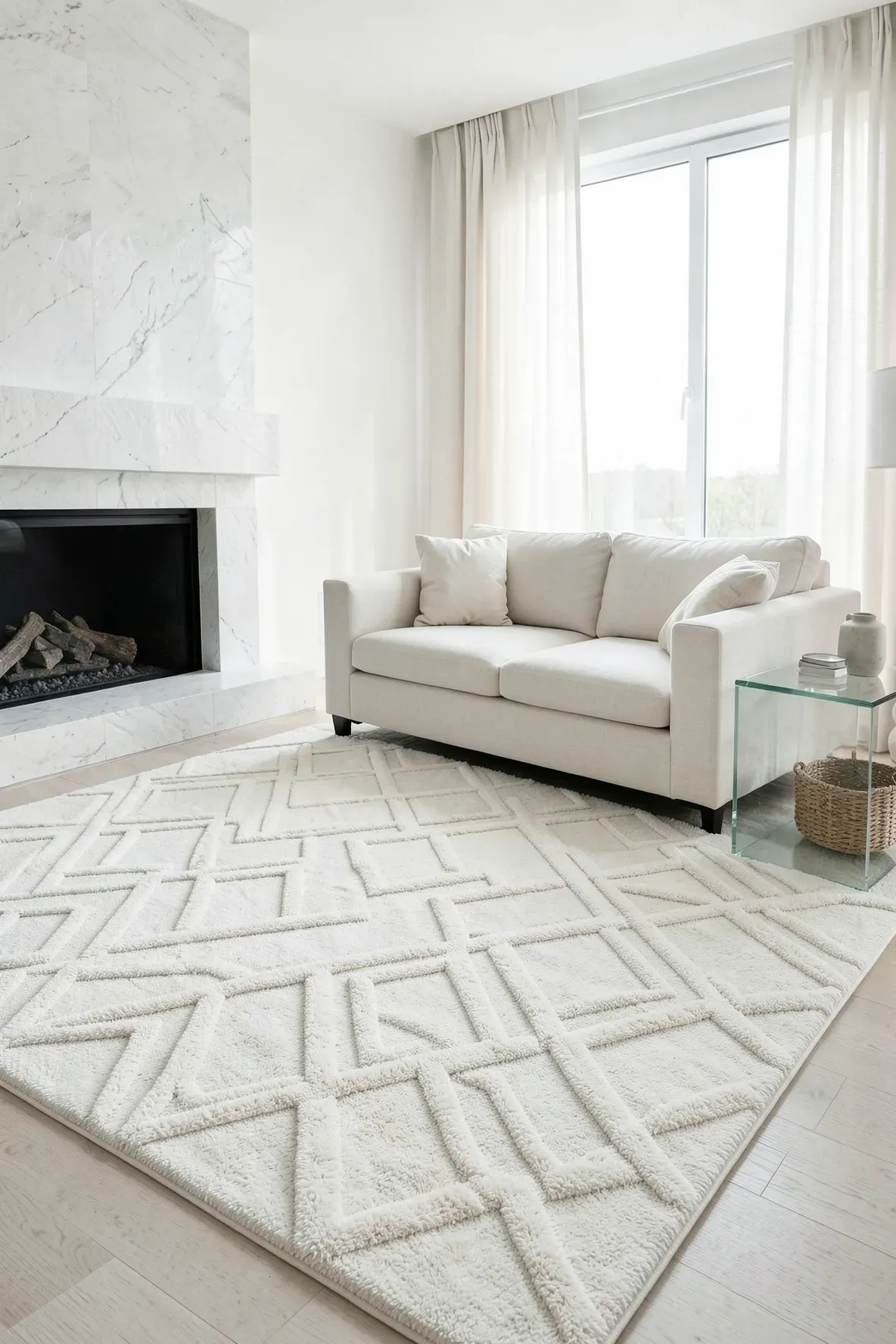 A cream rug with carved geometric patterns in a minimalist white living room.