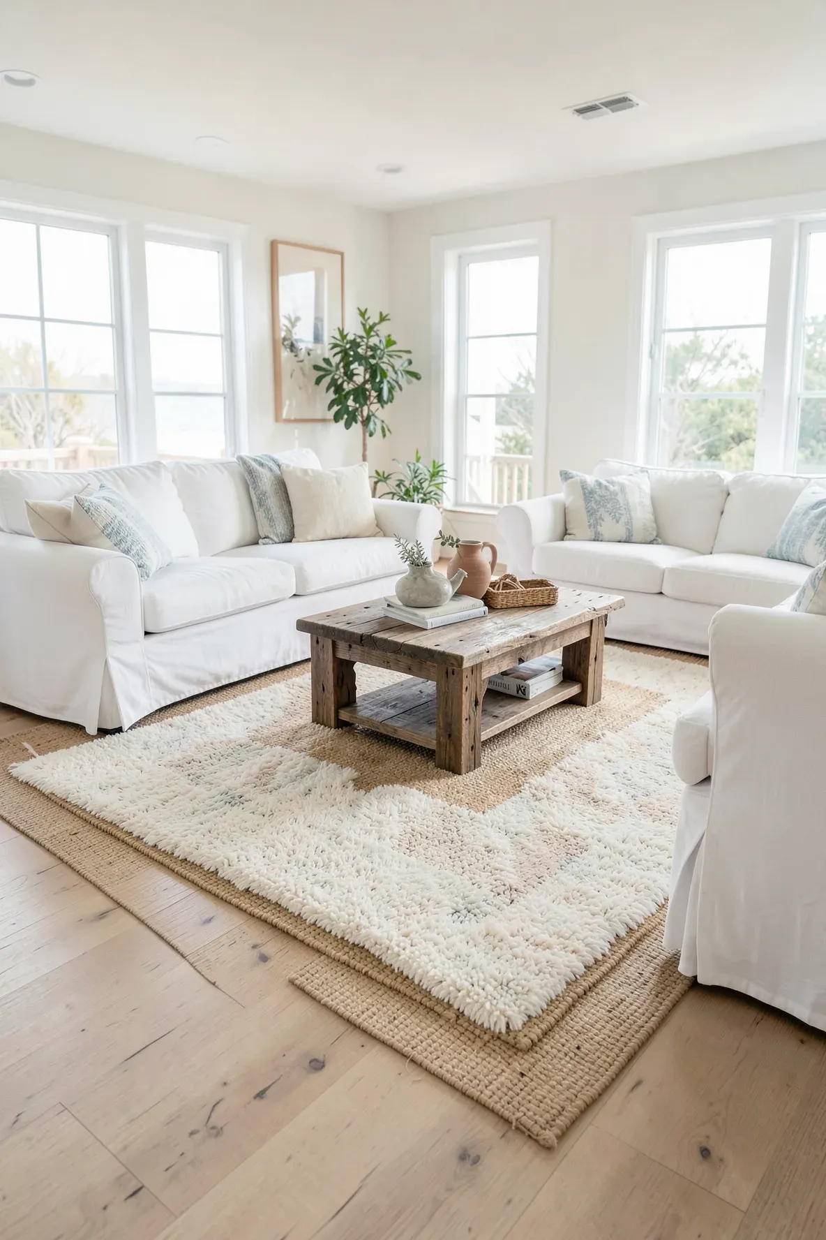 A plush off-white rug layered on top of a larger jute rug in a coastal living room.