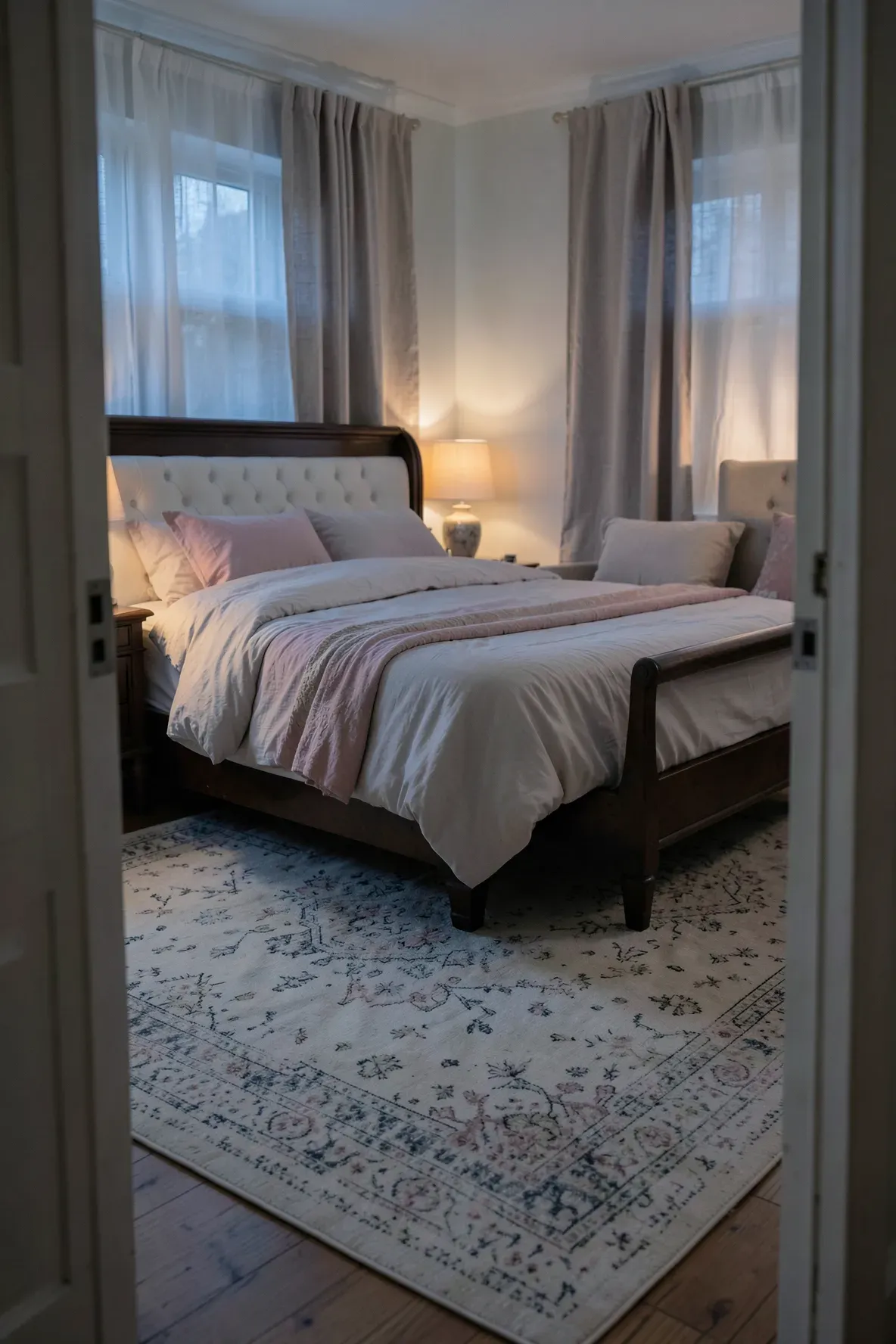 A distressed cream rug with faded patterns under a dark wood bed in a calm bedroom.