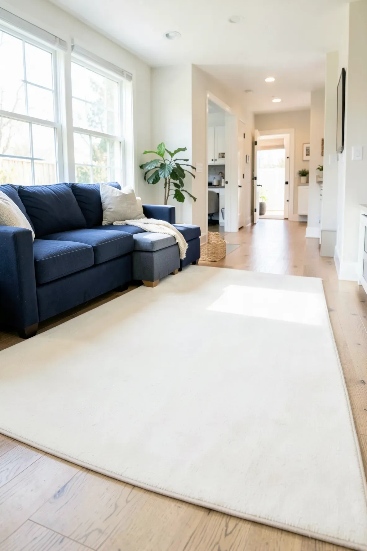 A low-profile washable cream rug in a bright family room with a navy sofa.
