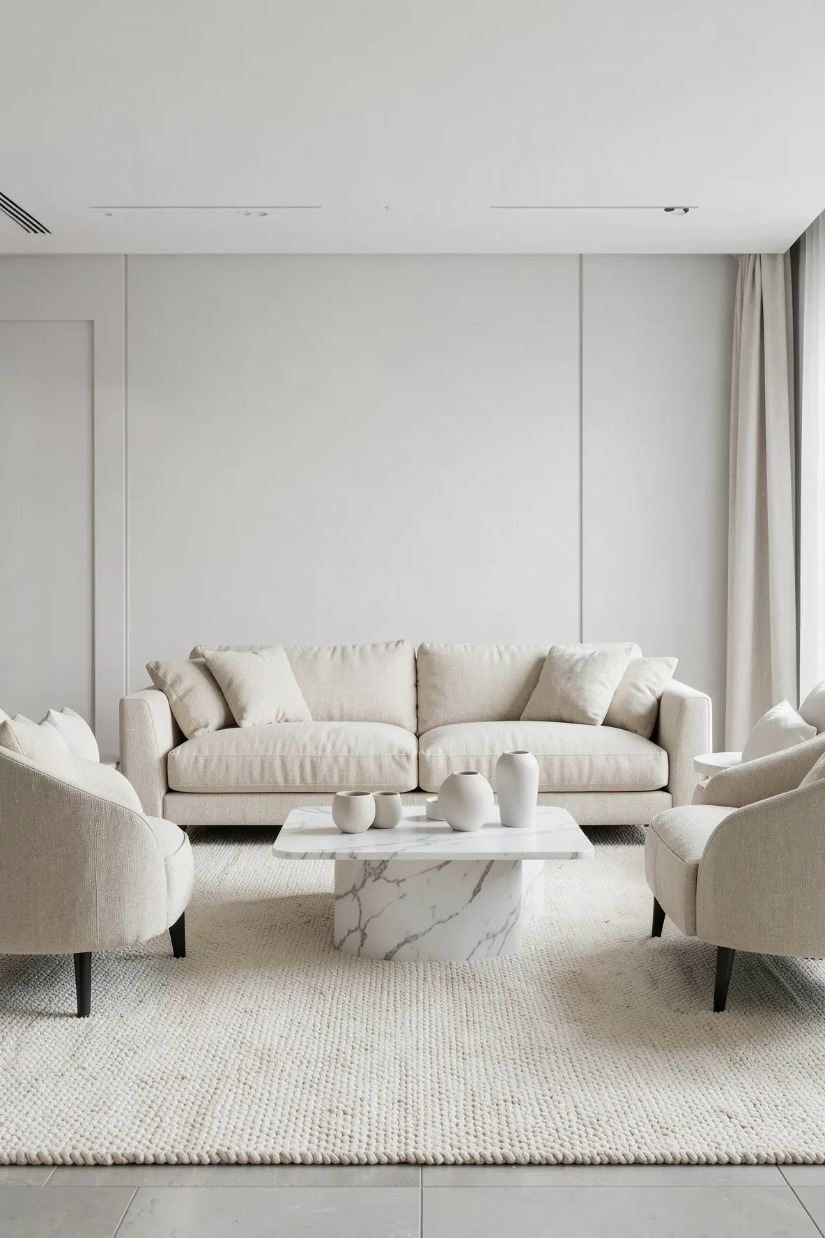 A solid cream loop-weave rug paired with a beige linen sofa in a bright room.