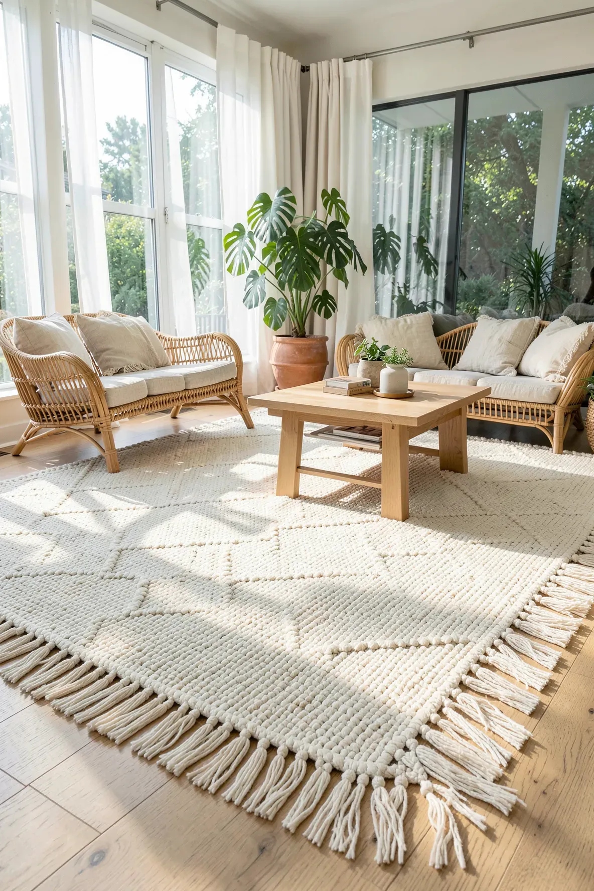 A large cream-colored textured rug with braided fringe tassels in a bright, sunlit bohemian den.