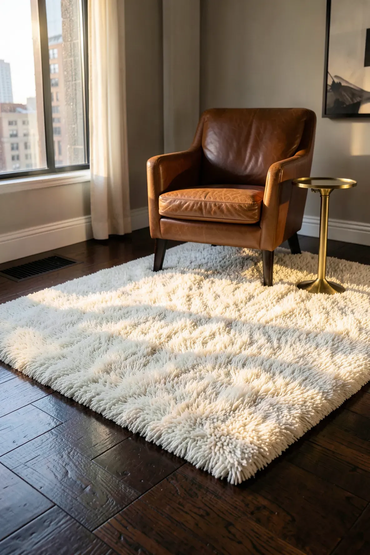 A plush white area rug creating a bright contrast against dark espresso hardwood floors in a luxury room.