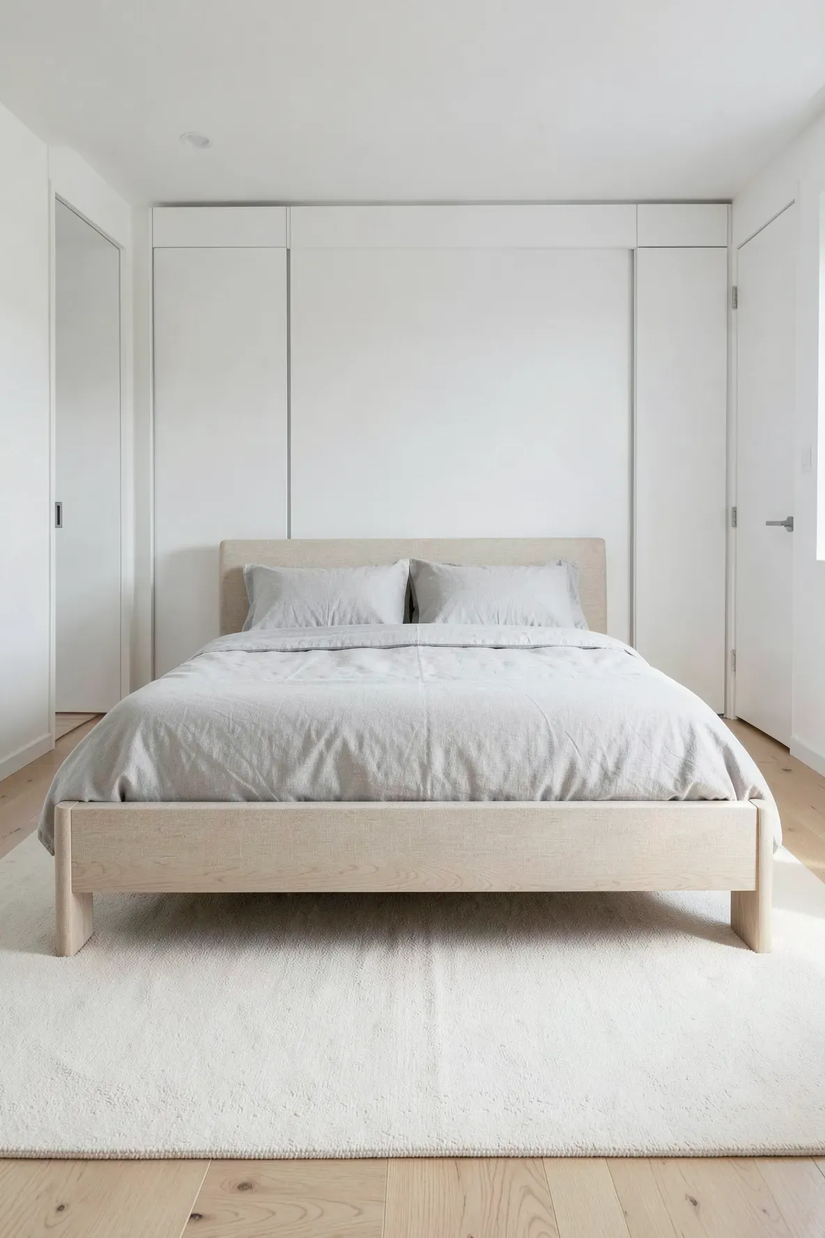 A low-pile cream rug tucked under a queen bed frame in a minimalist, bright bedroom.